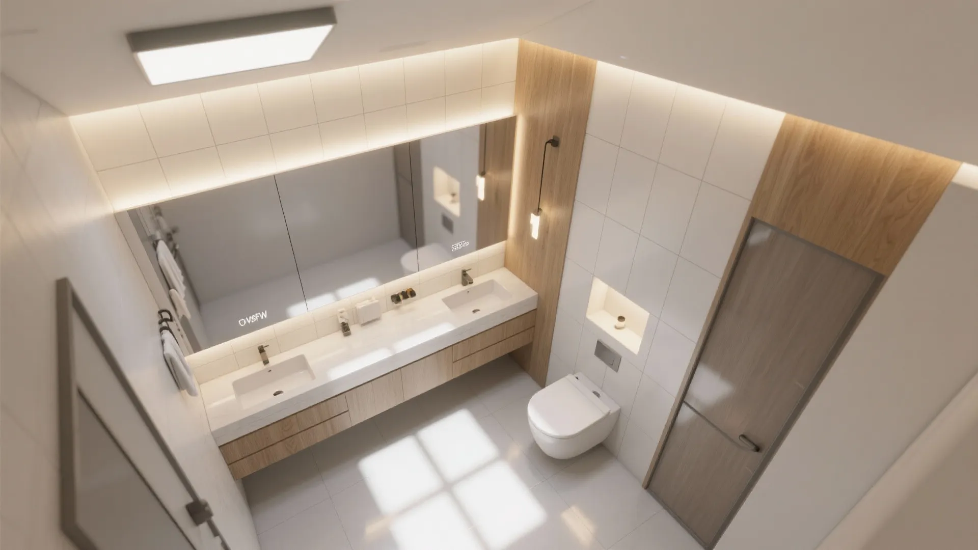 Top down view of a bathroom with double sinks large mirror and a white toilet