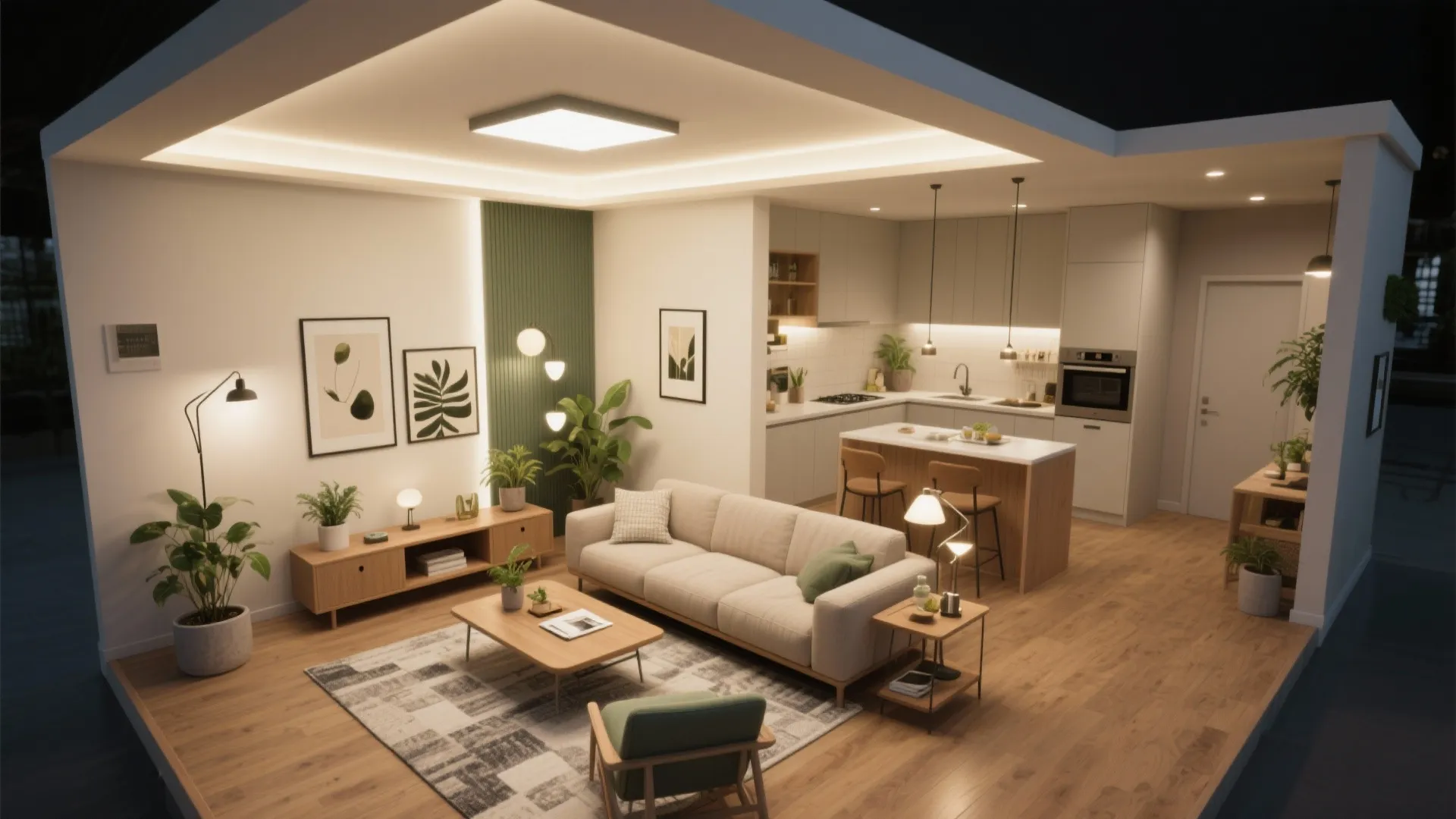 Interior design drawing of open living room and kitchen with beige sofa and warm lights
