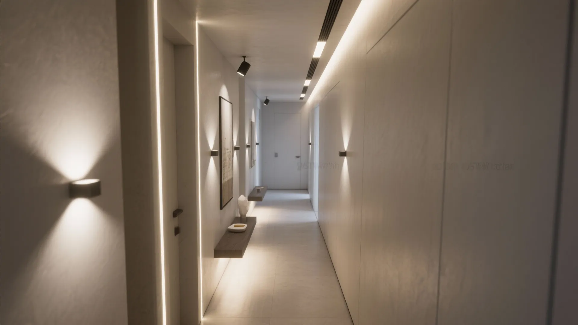 Long hallway interior design with warm wall light fixtures ceiling lights and dark wood shelves