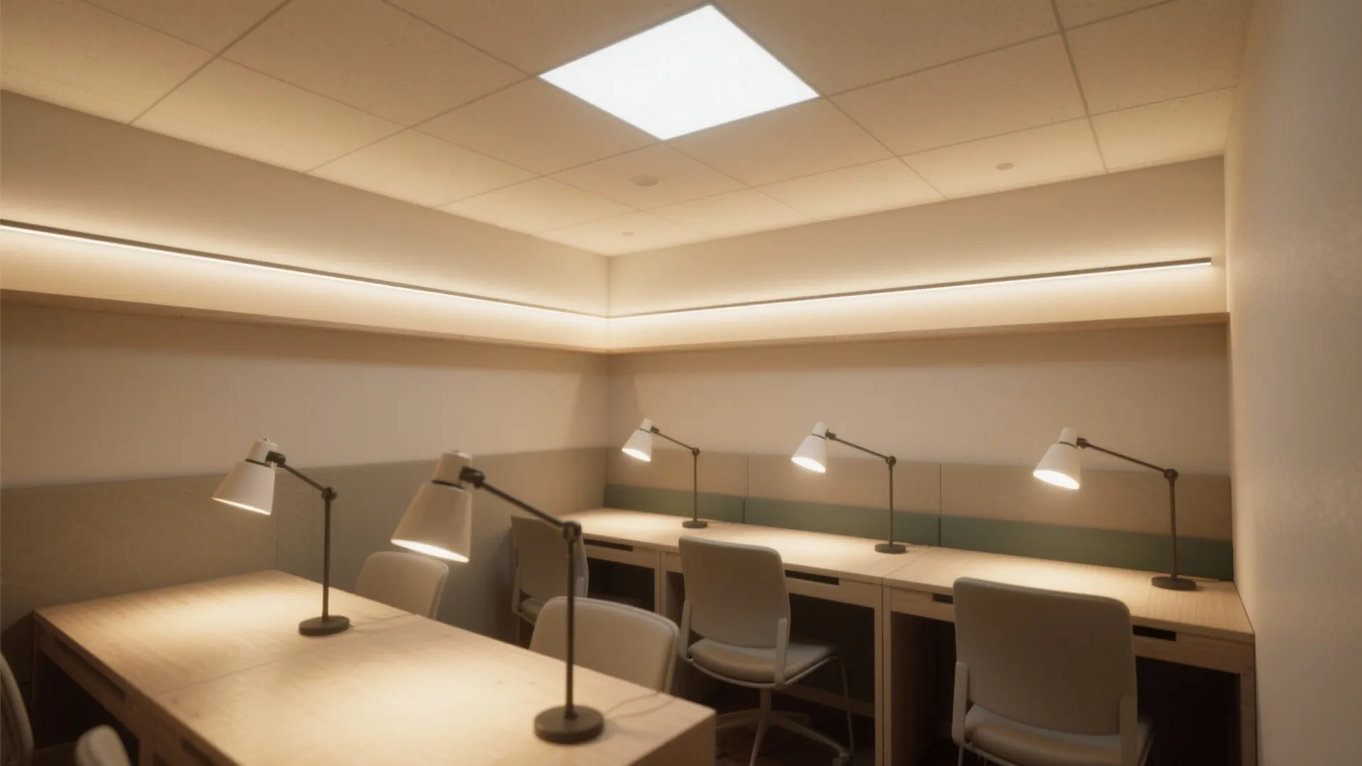 Office study area with wooden desks grey chairs desk lamps wall lights and ceiling light
