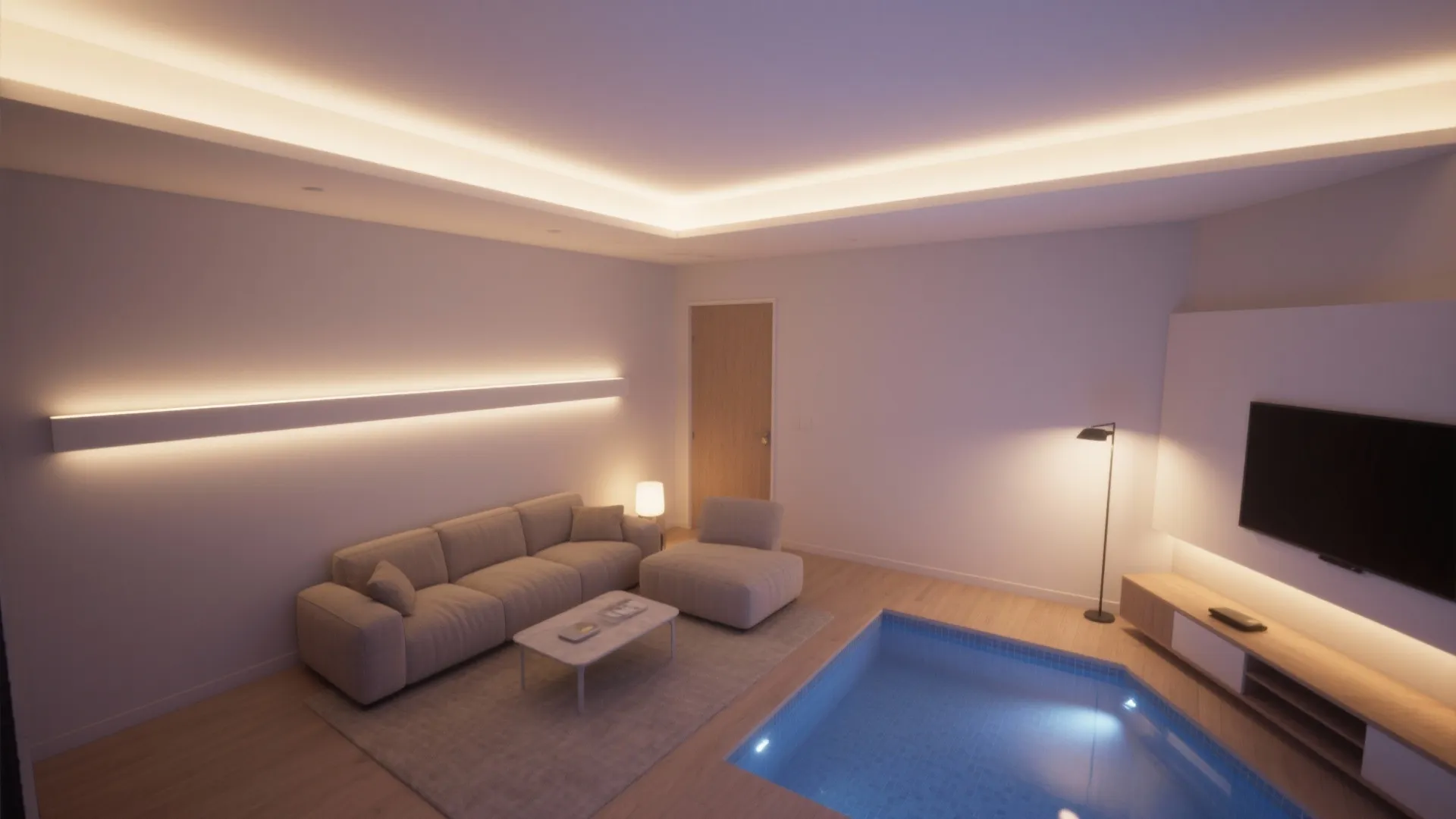 Modern living room with grey sofa indoor pool TV stand and warm ceiling light strip design