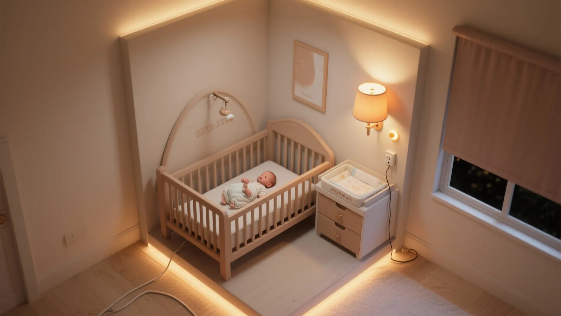 Top down view of a baby crib with warm wall light and small storage cabinet
