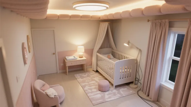 Soft Pink Nursery Design with Canopy Crib & Cozy Seating