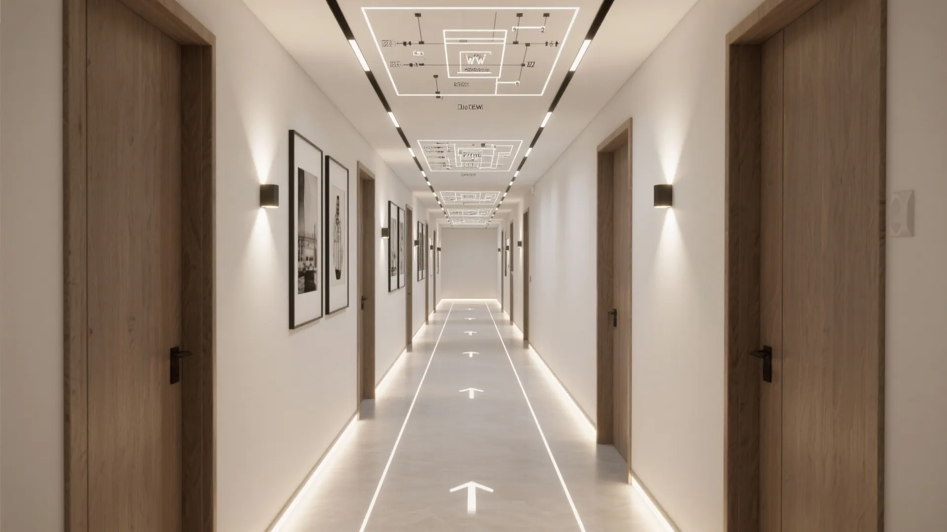 Top-down view illustrating ambient, picture, and low-level LED lighting zones in a hall.