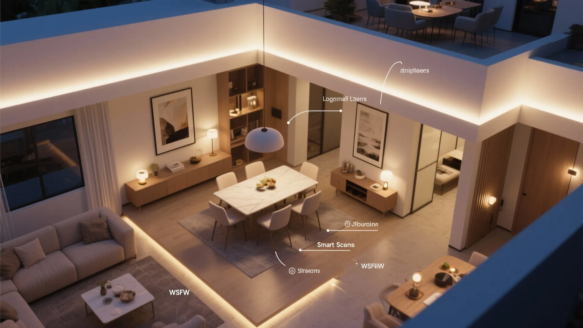 Open Living-Dining with Layered Lighting