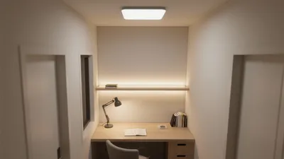 Compact Home Office Design with Warm Lighting