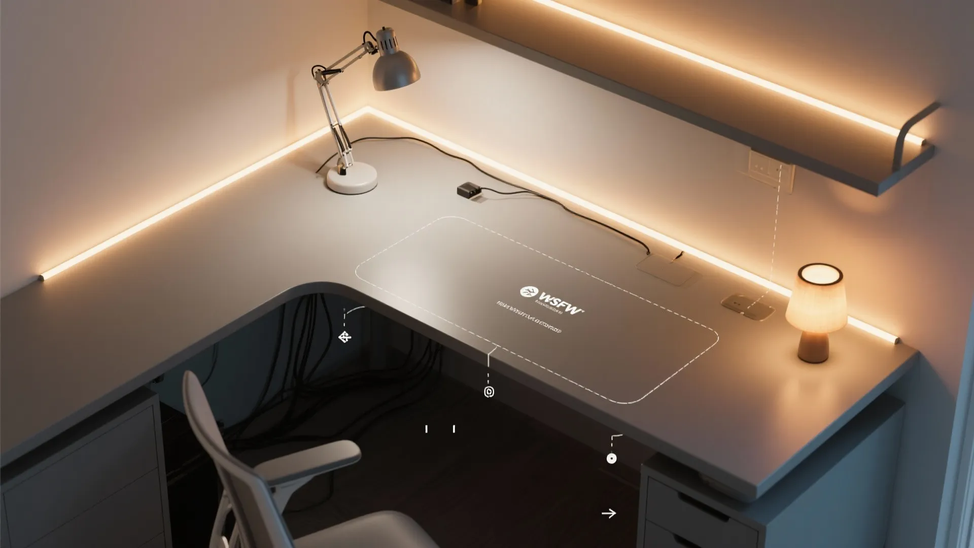 Coohom interior design software showing warm LED strip lights and lamps on a corner desk