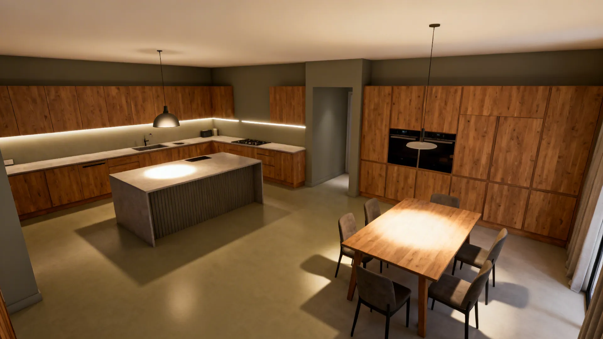 Top-down view of large kitchen layout featuring wood cabinets, central island, and wooden dining table