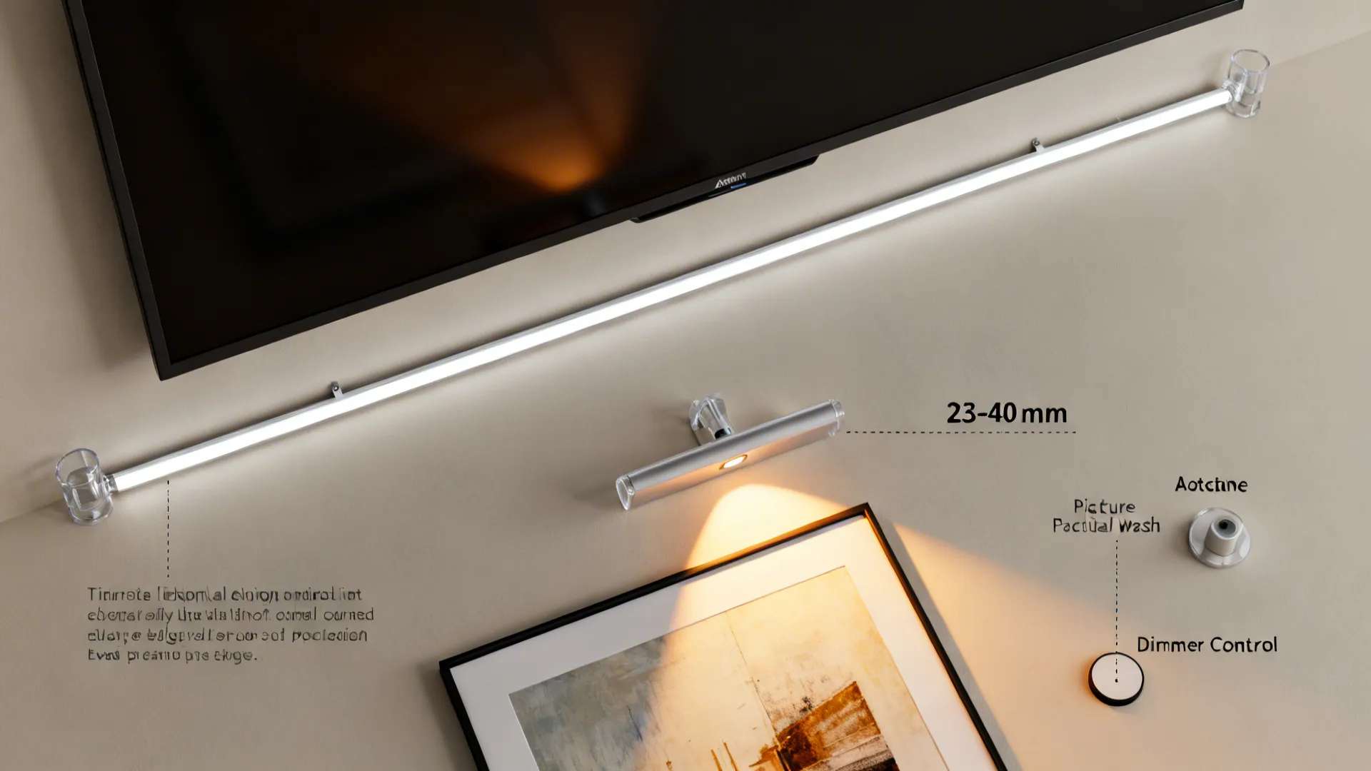 Top-down diagram showing LED backlight placement and a 30-degree picture light aim on framed art.