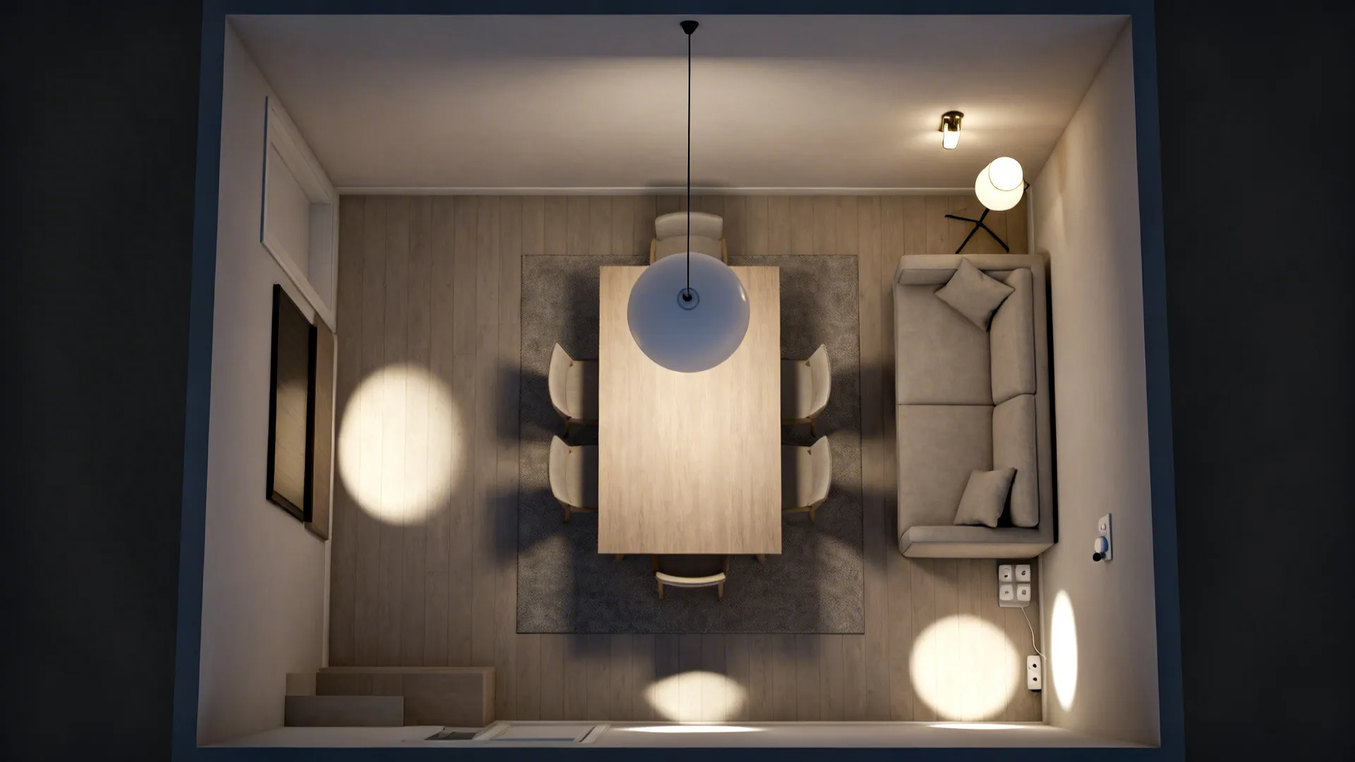 Overhead view of a small living–dining combo showing pendant, sconce, and floor lamp defining zones.