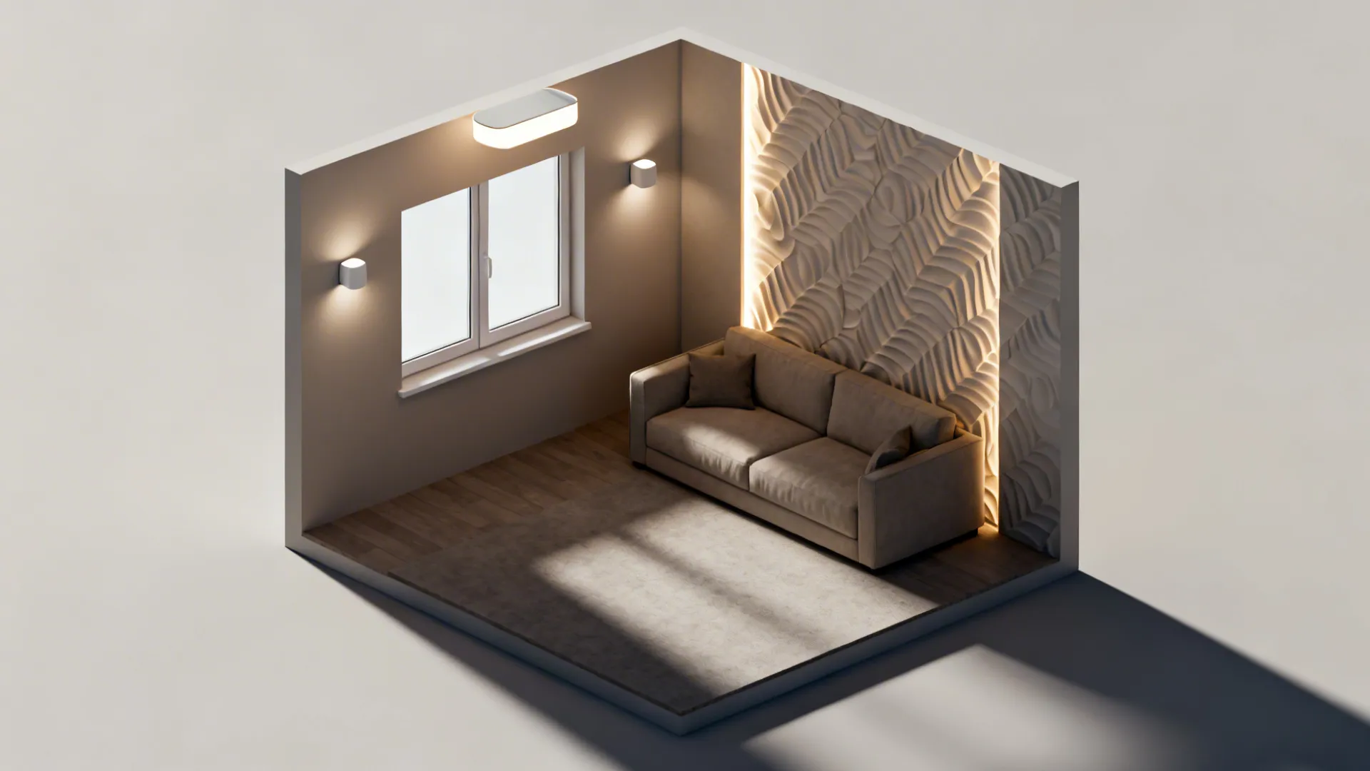Top-down layout showing accent wall, window, and layered lighting for 3D wallpaper.