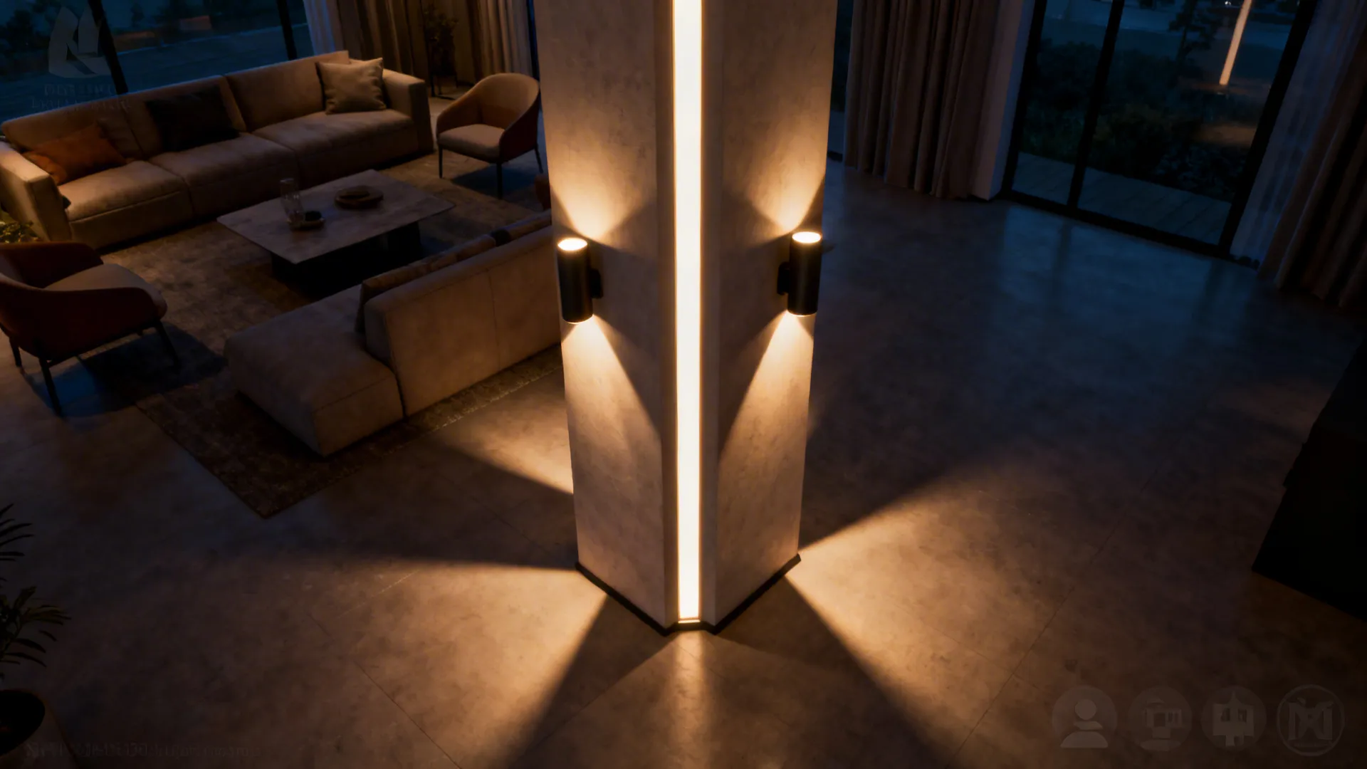 Top-down view mapping LED graze and sconce positions on a living room column.