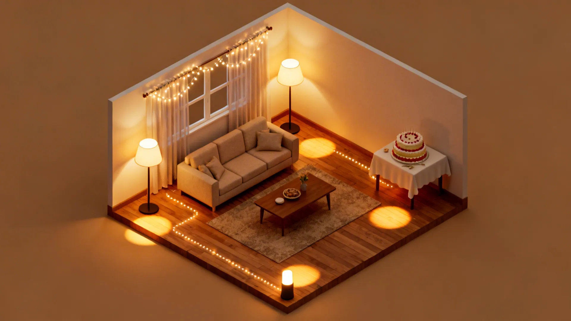 Top-down layout showing string lights at window, table lamps, and a cake spotlight.