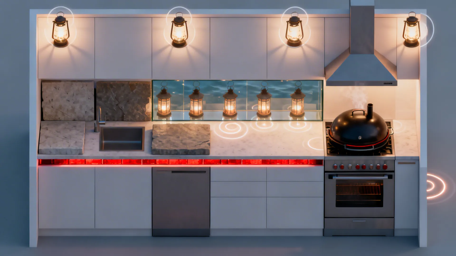Top-down diagram showing layered lantern, under-cabinet, and backsplash lighting in a compact kitchen.