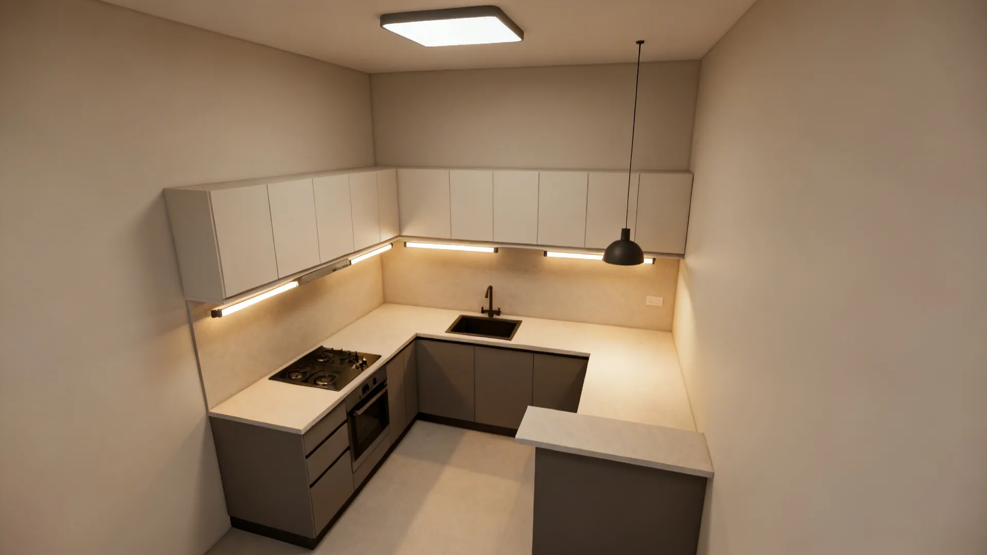 Interior design drawing of grey kitchen with white countertop square ceiling light and black sink