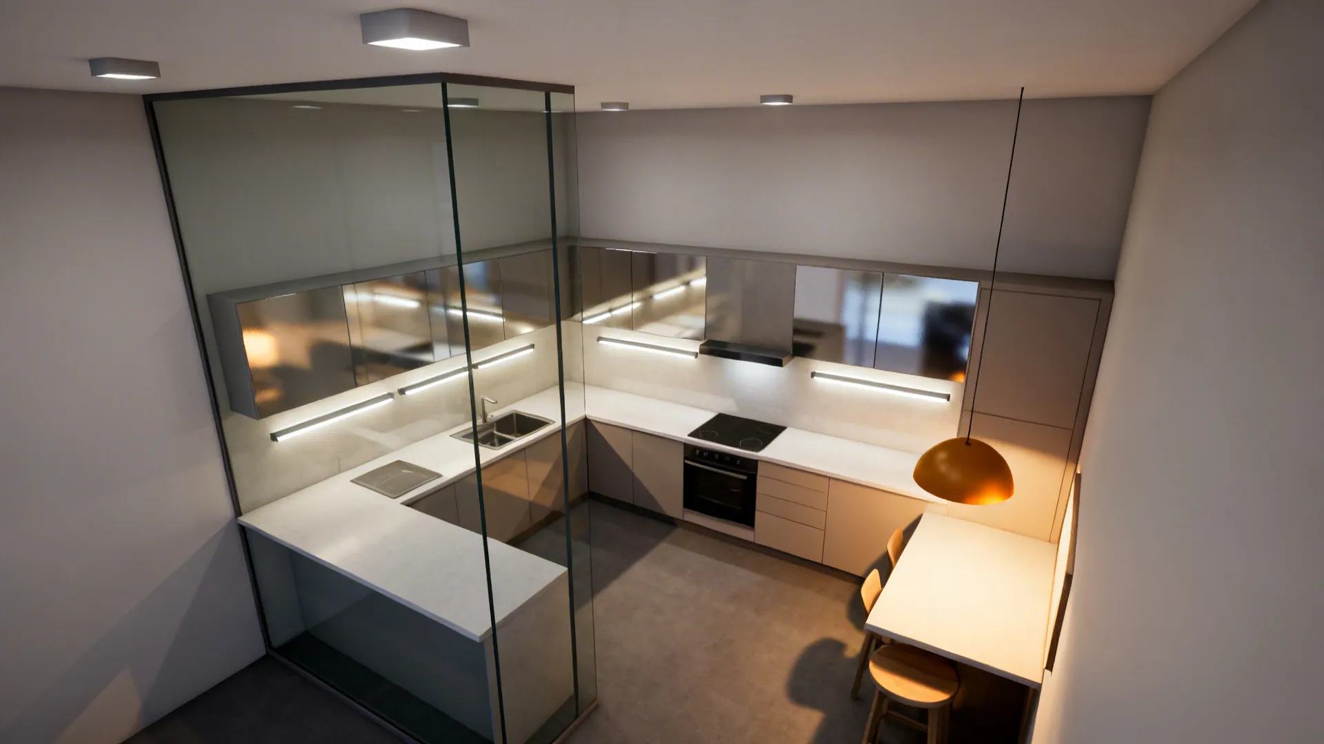Top-down view showing ambient, task, and accent lighting in a small kitchen layout.