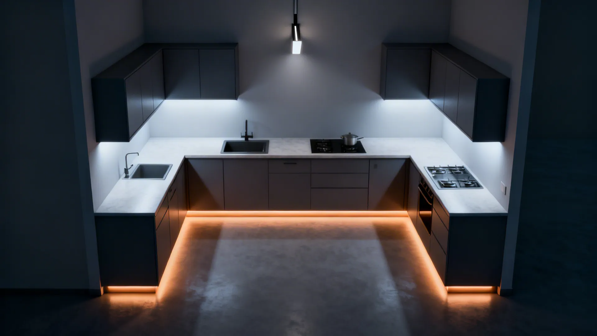 Top-down view mapping under-cabinet, ceiling, and toe-kick lighting in a galley kitchen.