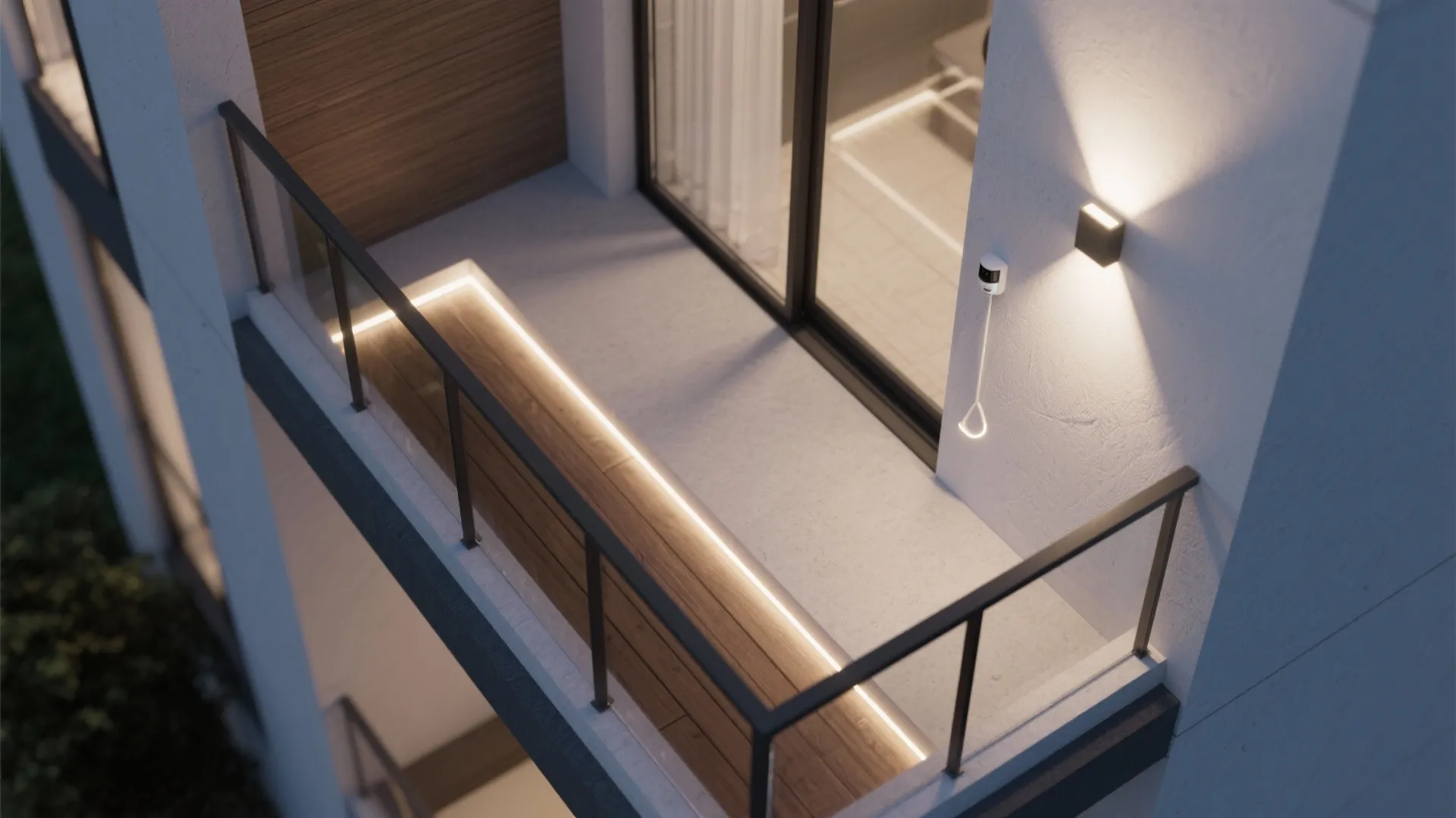 Top-down balcony plan showing ambient strip, motion sensor angle, and wall uplight cones.