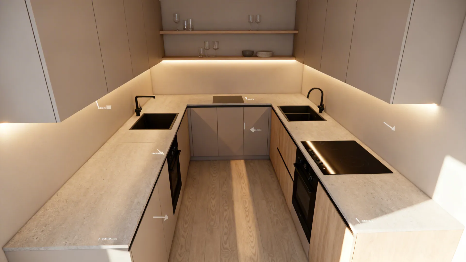 Top-down view of a slim-profile handleless galley kitchen highlighting under-cabinet LED placement.
