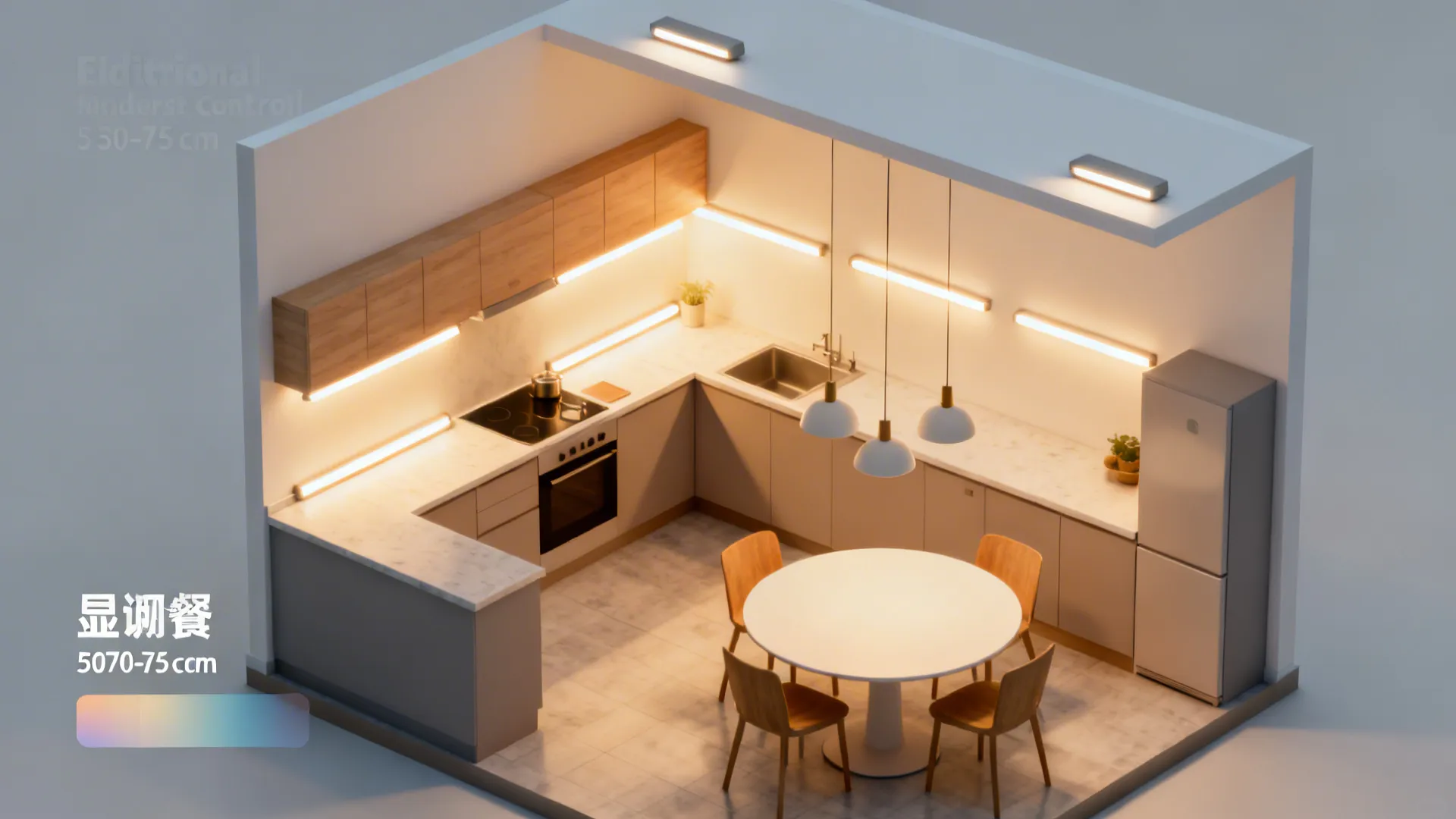 Layered lighting for dining and cooking moods