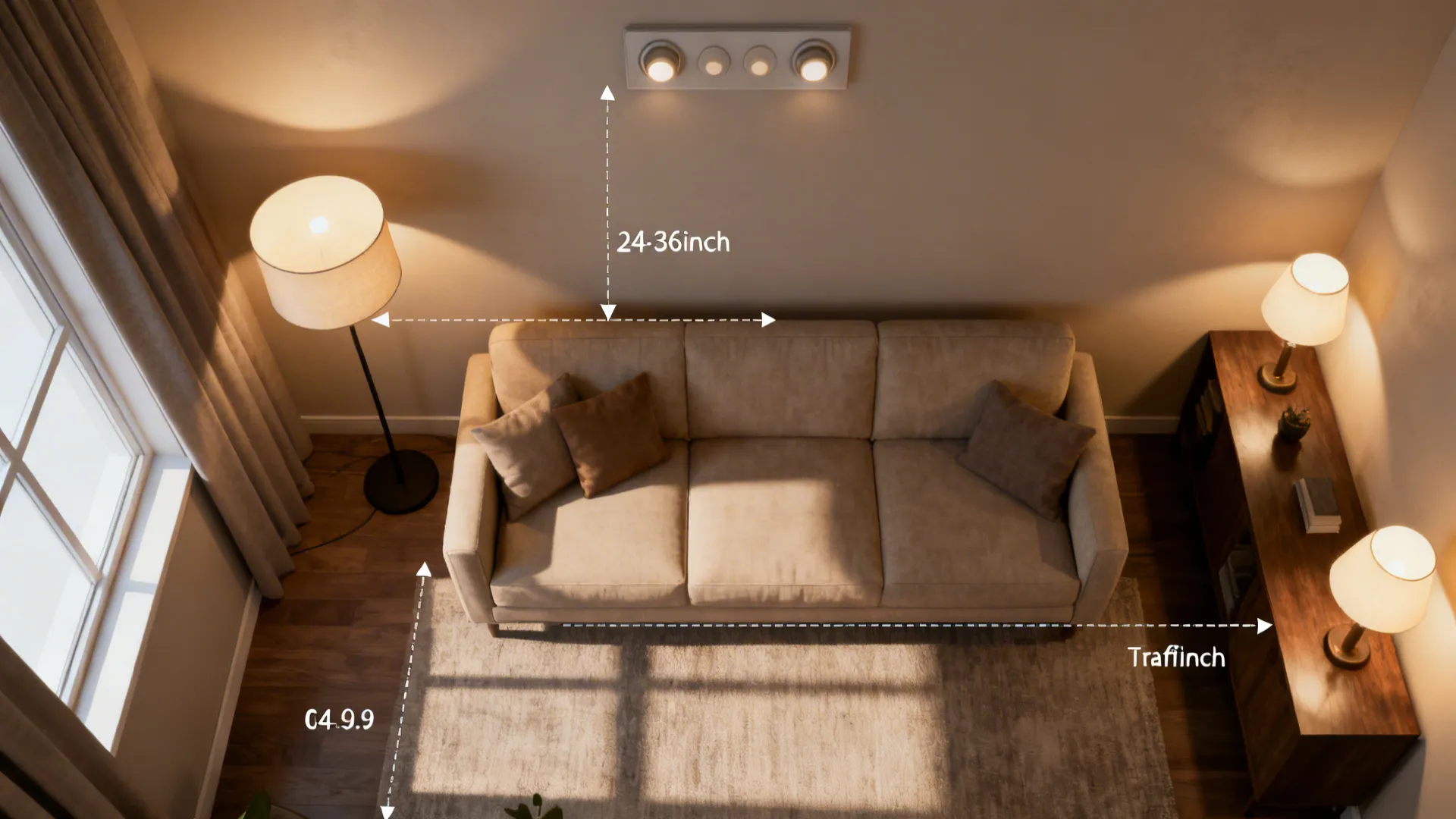 Top-down layout showing layered lighting and traffic flow behind a sofa in front of a window