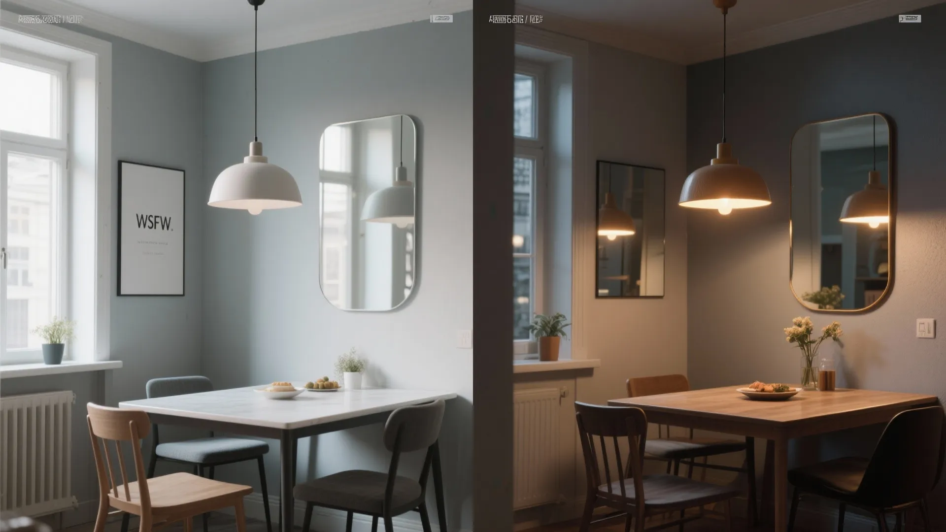 Side by side comparison of a dining area under cool daylight versus warm yellow ceiling light
