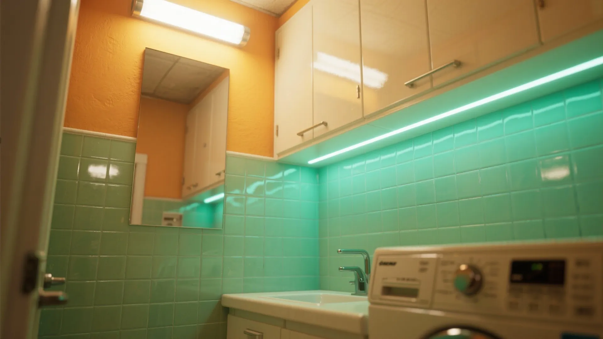 Laundry room with green wall tiles white sink and bright light fixture under the cabinet