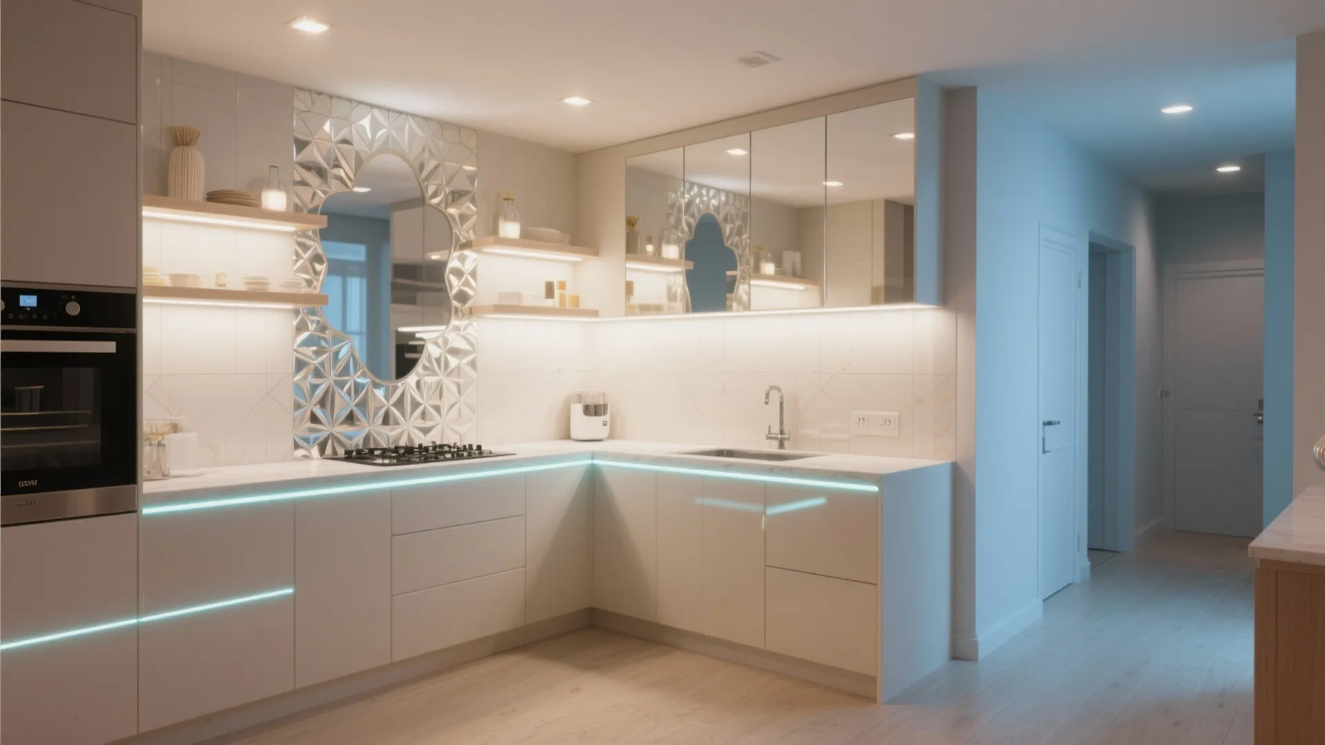 White modern kitchen with blue led strip lights round mirror and cabinet with glass front doors