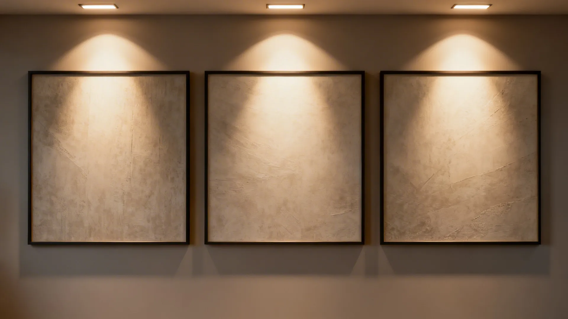 Picture lights and wall washers softly illuminating a three-panel triptych, enhancing depth with neutral LED tones.
