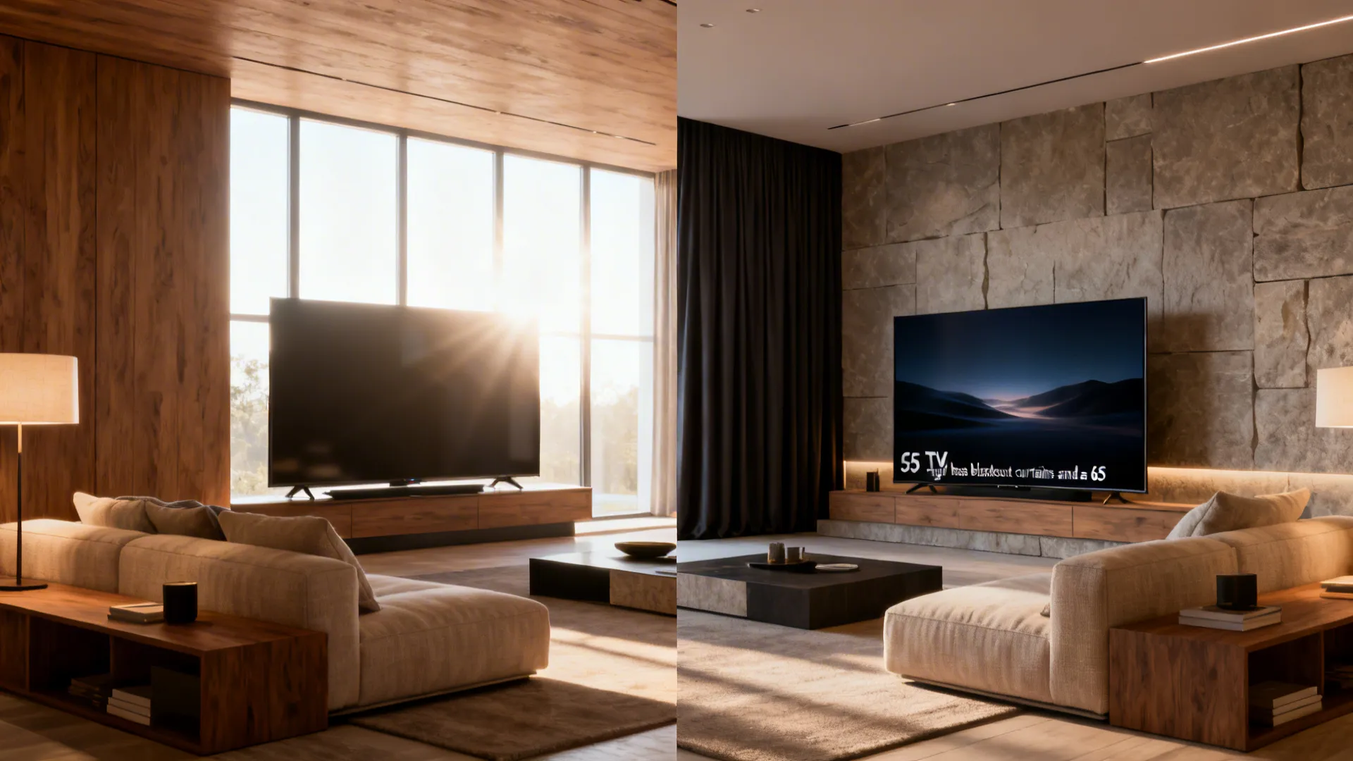 Side-by-side comparison of glare-prone room with 75" LED and controlled-lighting room with 65" OLED