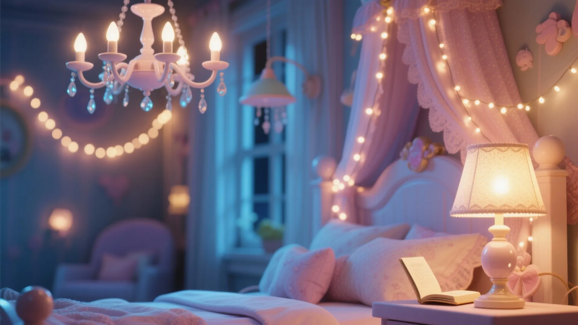 Cozy bedroom night scene with white ceiling light string lights table lamp and an open book