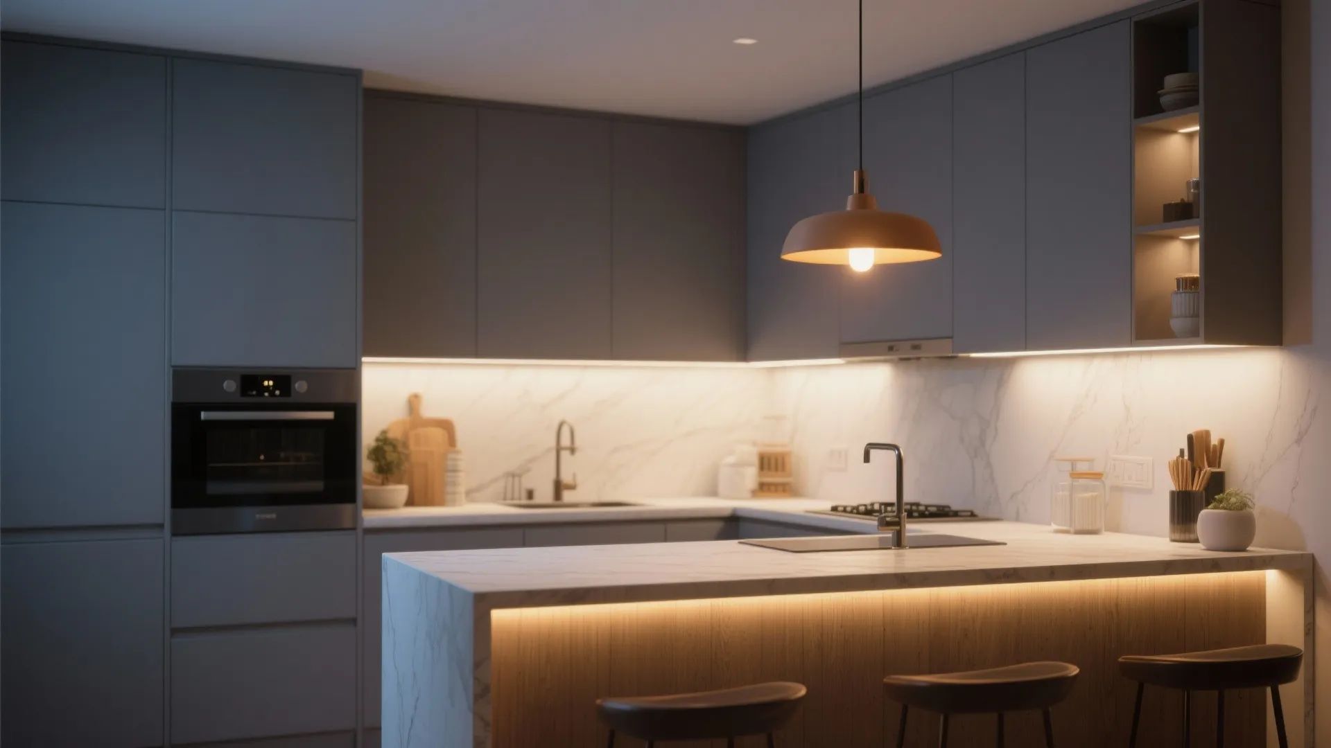 Modern grey kitchen with marble backsplash under cabinet lights warm ceiling light and marble island
