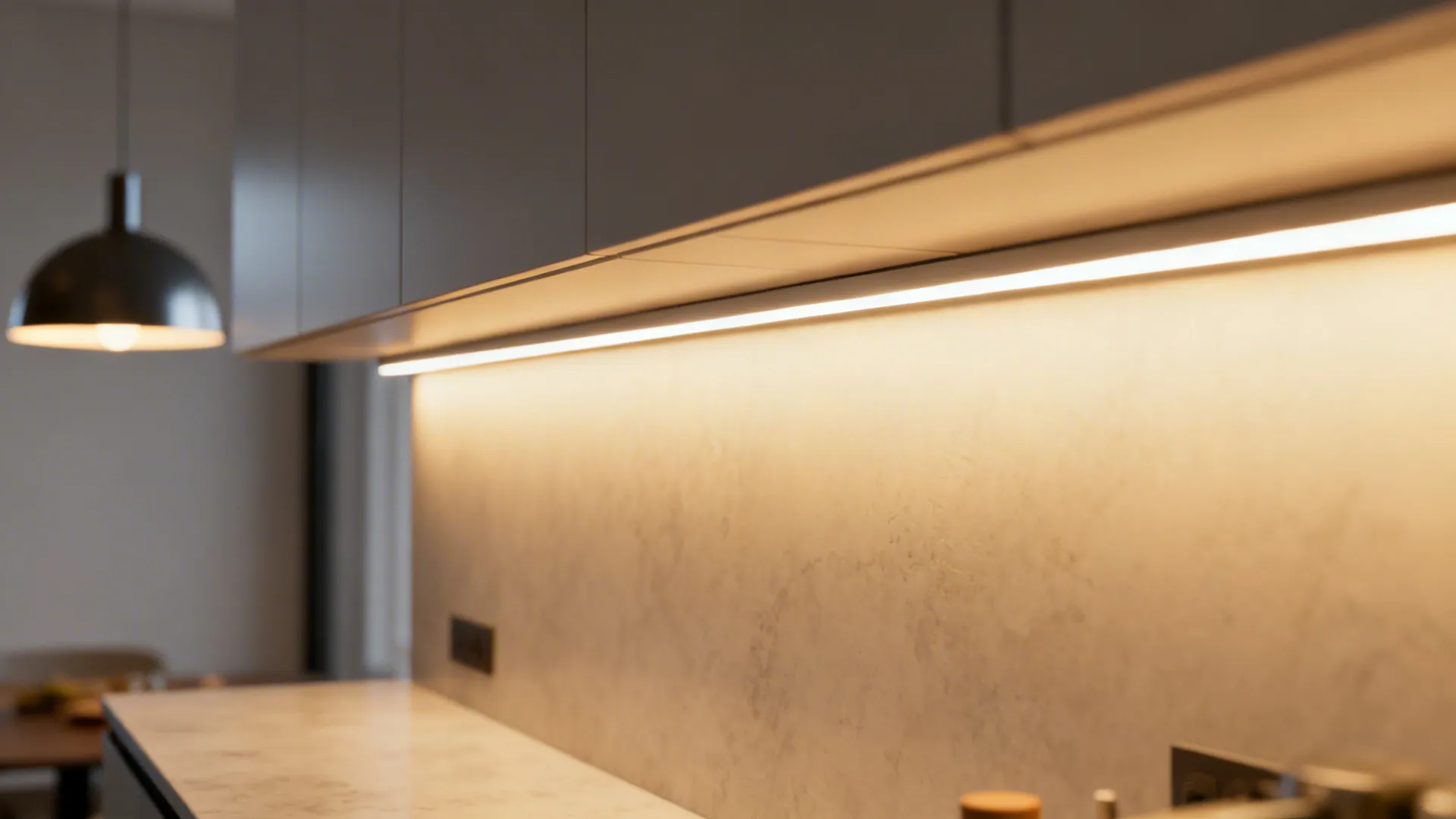 Under-cabinet LED strip casting warm task light on a kitchen countertop with pendant in background