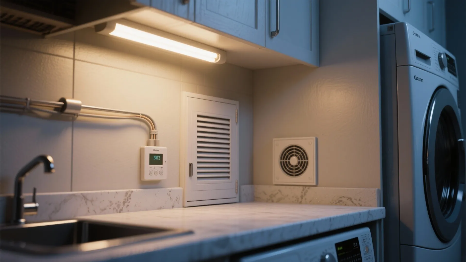 Under cabinet light fixture illuminating a marble countertop with a digital control panel and ventilation fan