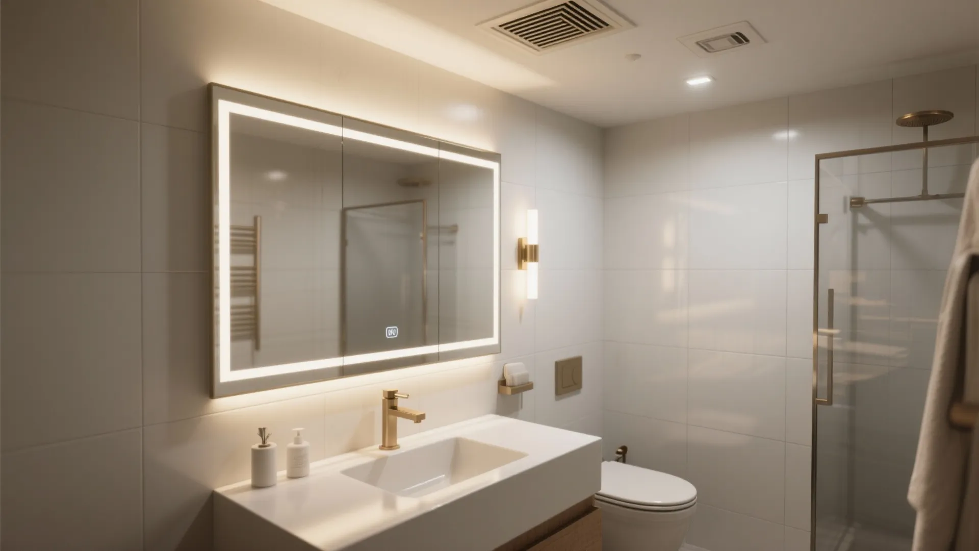 Modern bathroom with glowing mirror, white sink, gold faucet, toilet, and glass shower door area