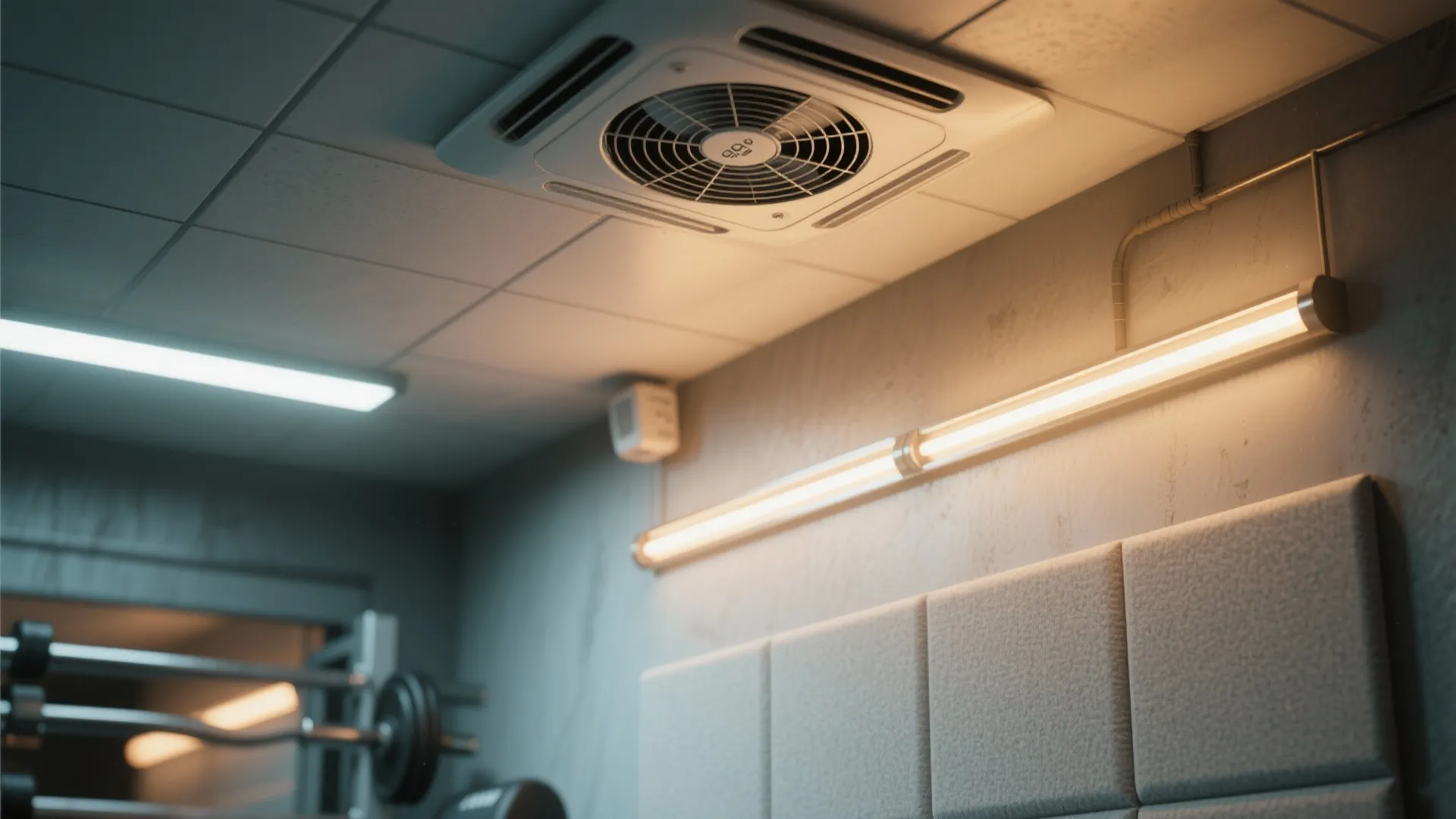 Modern ceiling fan and long wall light fixture installed in a home gym interior space