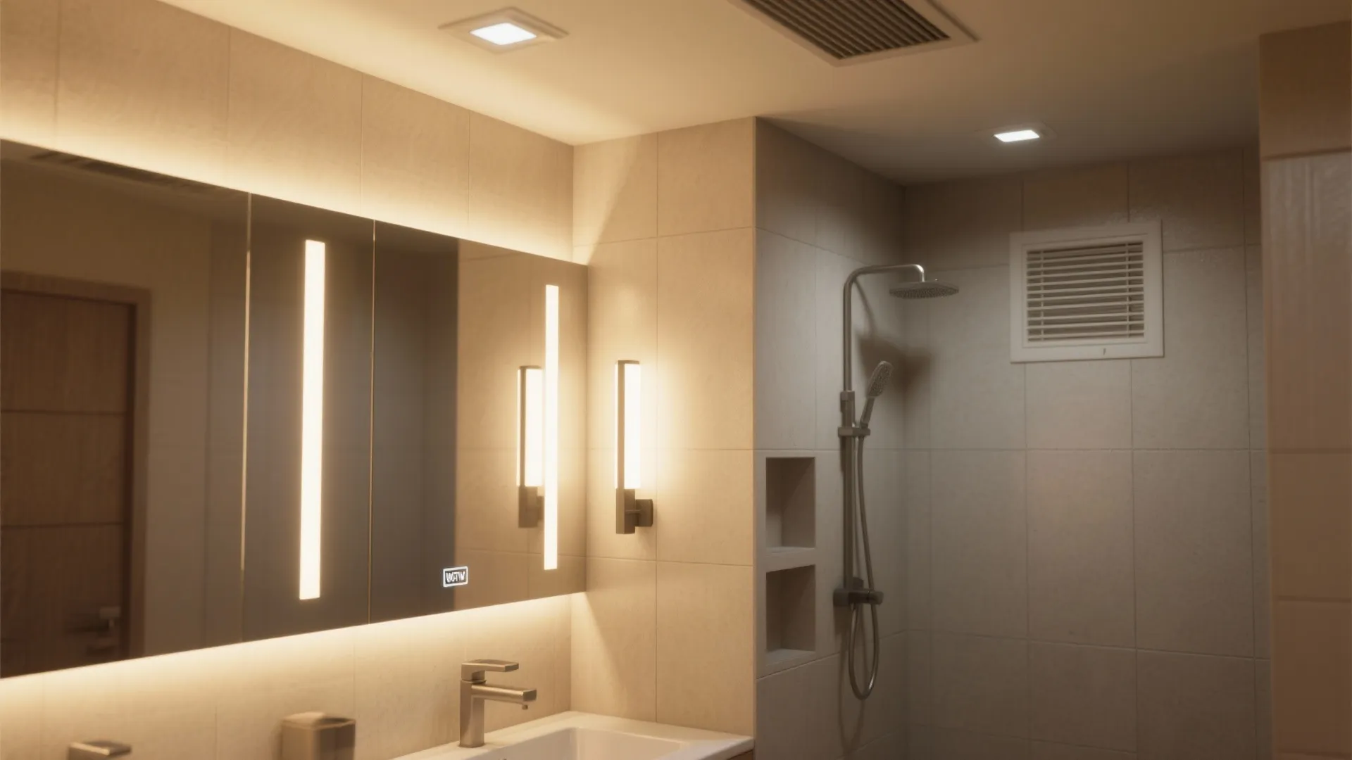 Modern bathroom with lighted mirror white sink silver faucet shower area and warm ceiling light fixture