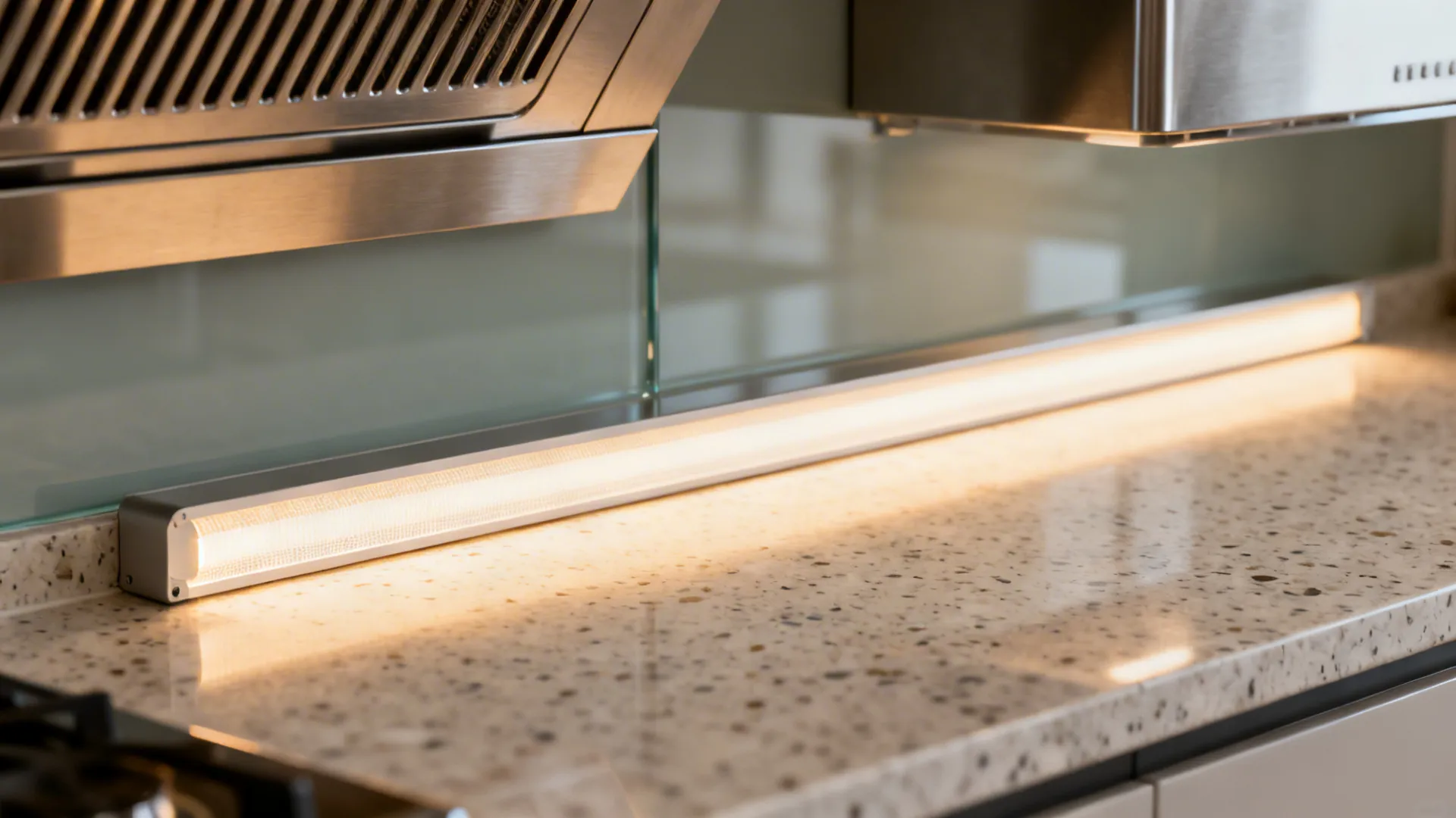 Macro of under-cabinet LED with diffuser illuminating quartz countertop near chimney and exhaust grille.