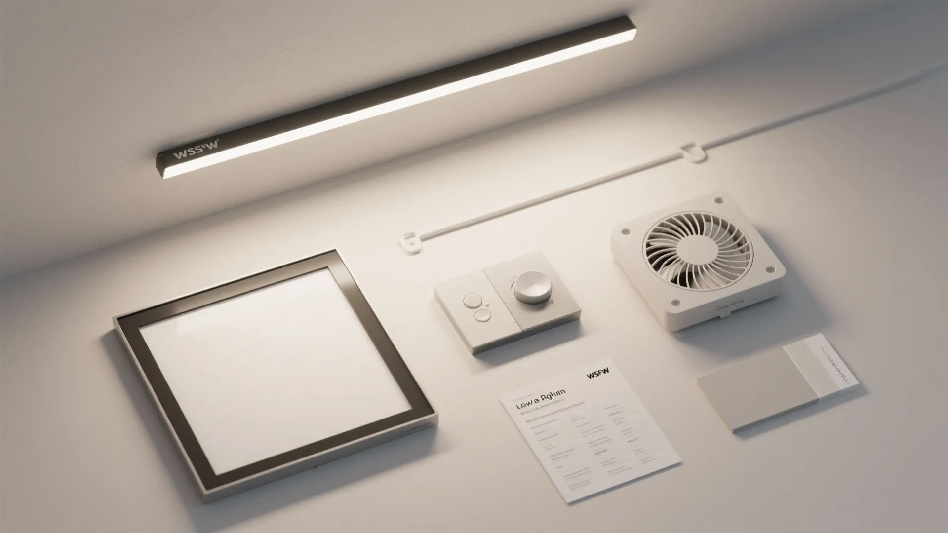 Top-down flatlay of slim LED, dimmer, low-glare trim, compact fan, and matte paint swatch.