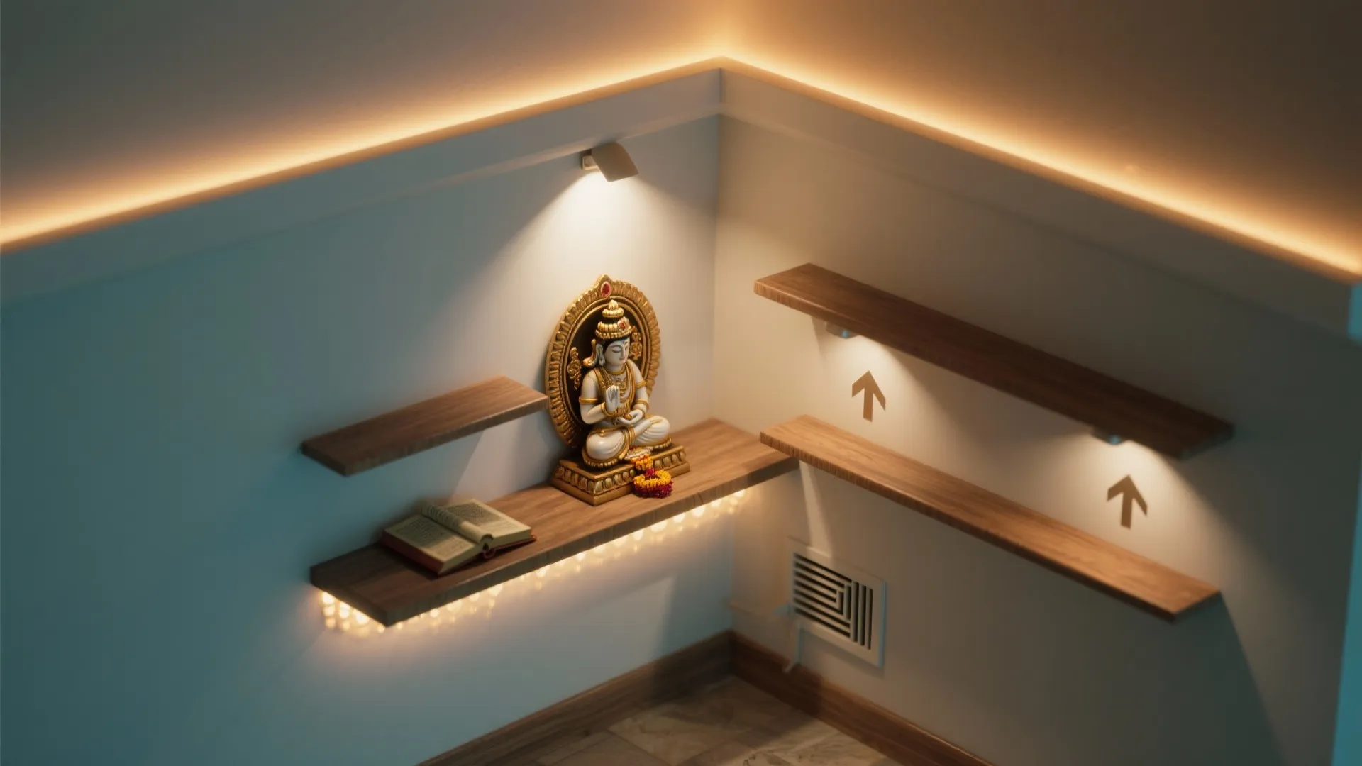 Small home altar with wood shelves holding a statue and book under warm light fixtures