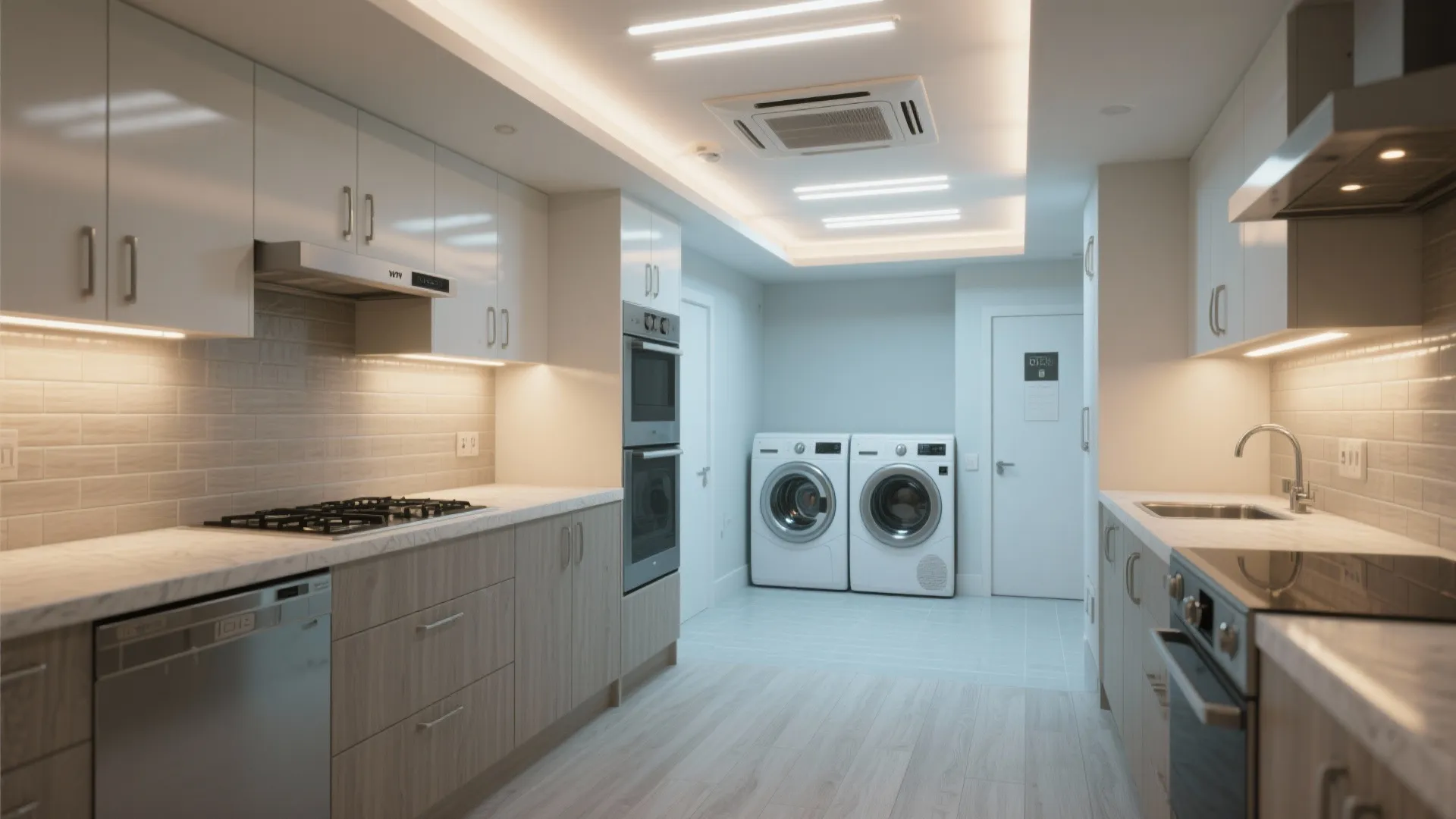 Modern kitchen with white cabinets light fixtures wooden floor washing machines and bright ceiling light design