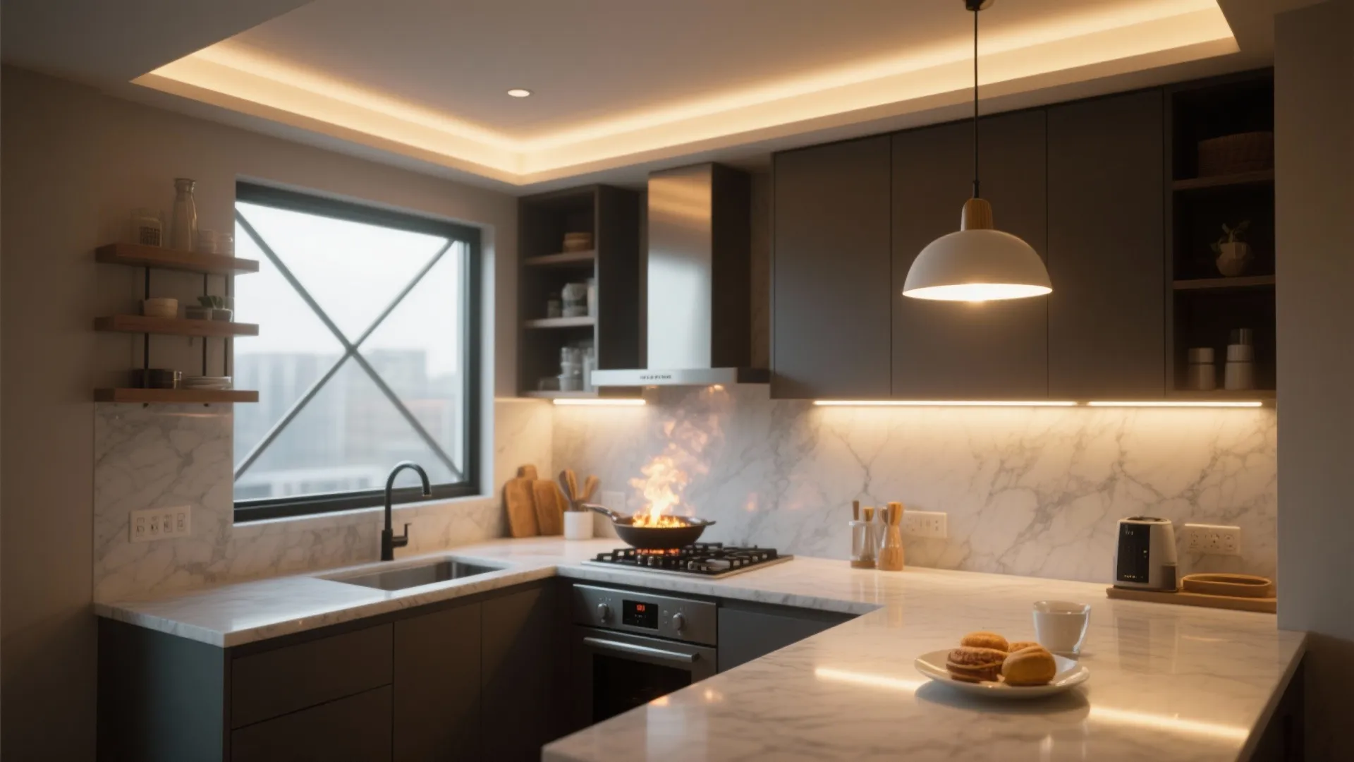 Modern dark kitchen featuring marble countertops warm ceiling lights white hanging light and large window