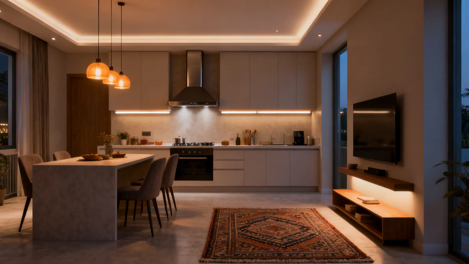 Open kitchen with layered lighting and a modern chimney, subtly zoned from the living area.