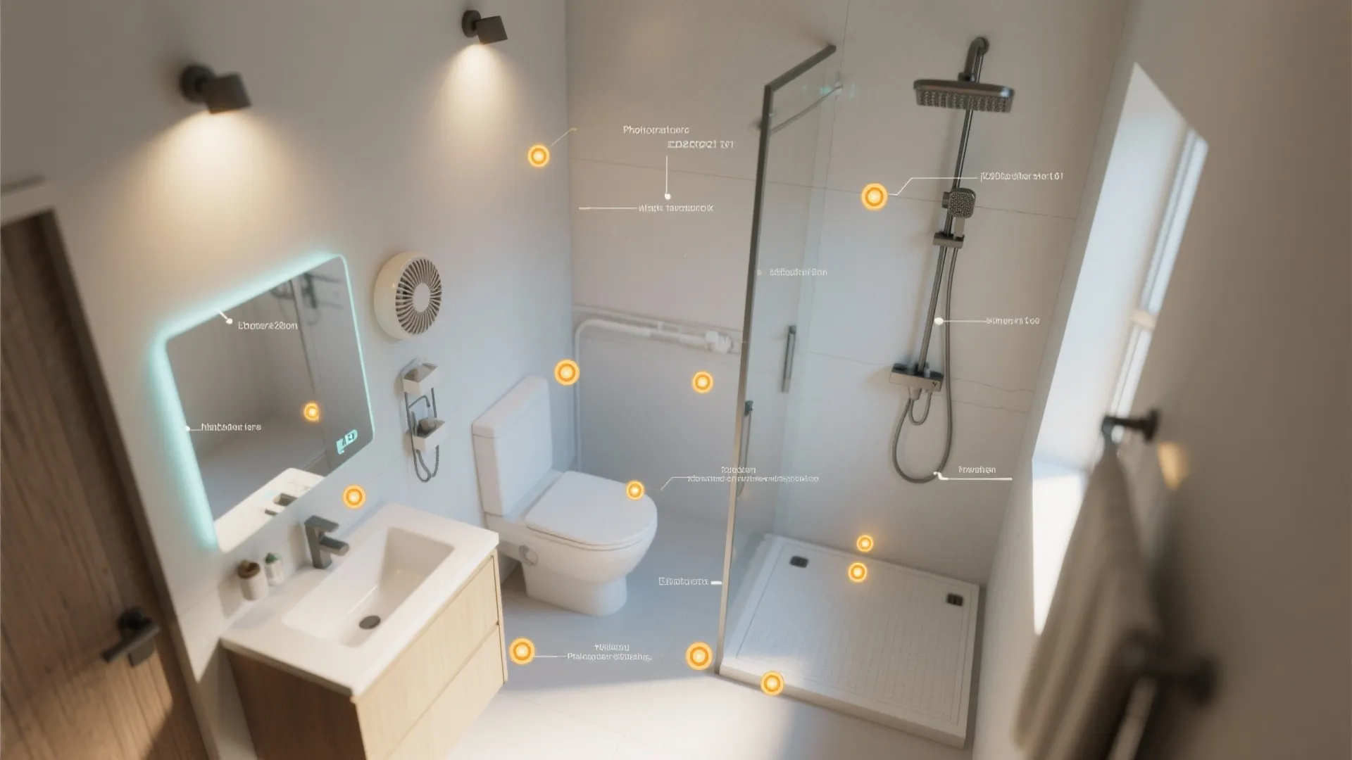 Top-down small bathroom layout showing lighting and ventilation placement recommendations.