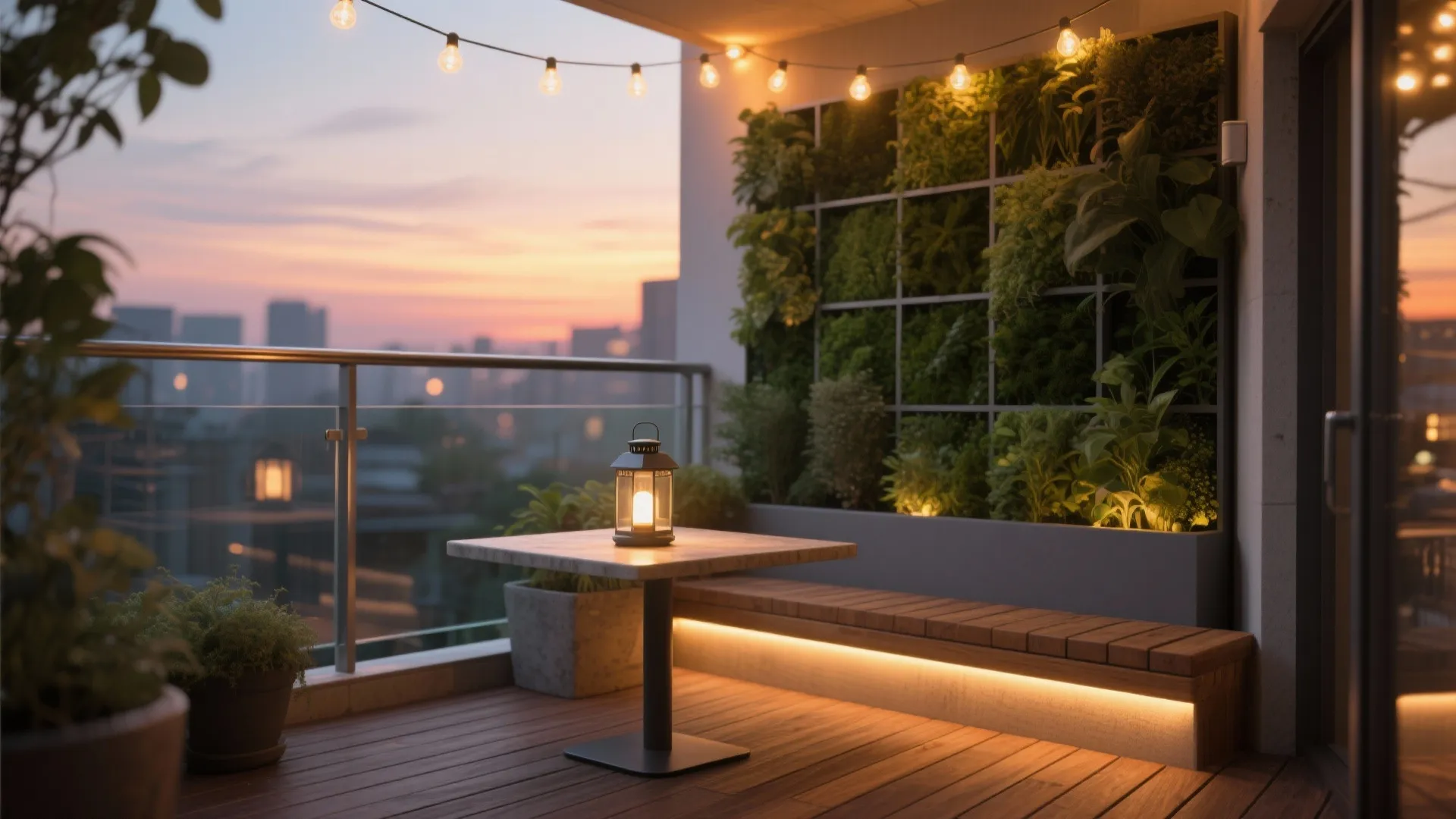 Layered lighting and a vertical garden that soothes