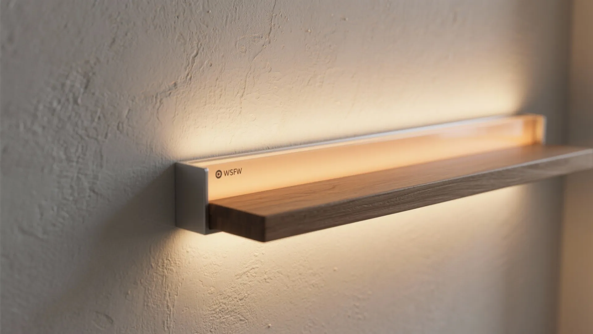 Modern wooden wall shelf with built in warm light fixture mounted on a textured wall