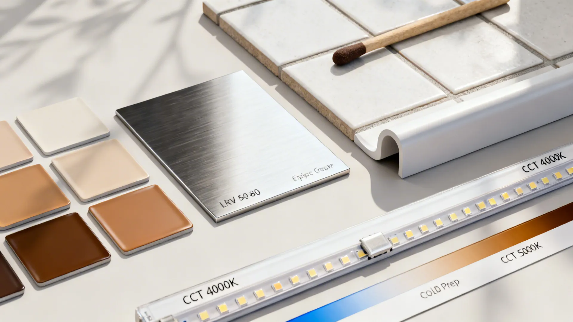 Material board showing white tiles, metal plate, brown color swatches, and modern LED strip light