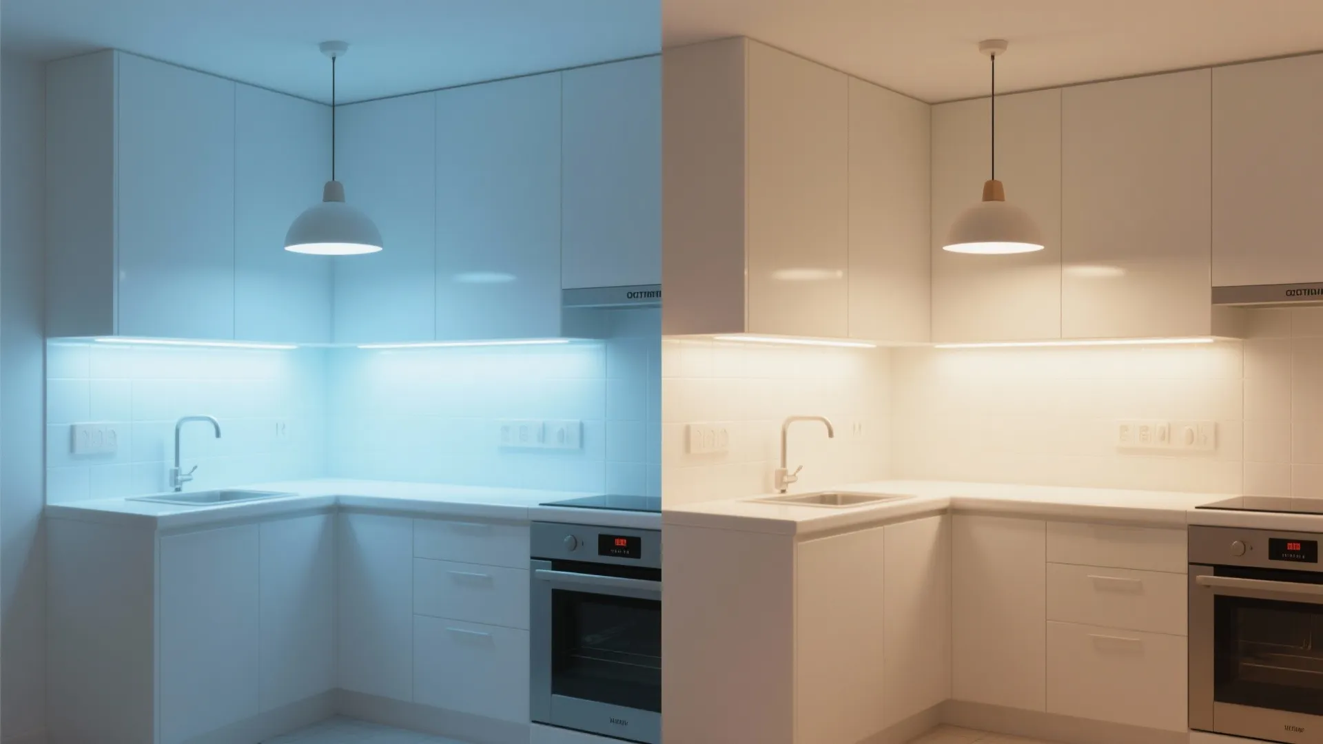 Split view of same white kitchen under warm LED and cool daylight lighting showing color shift.