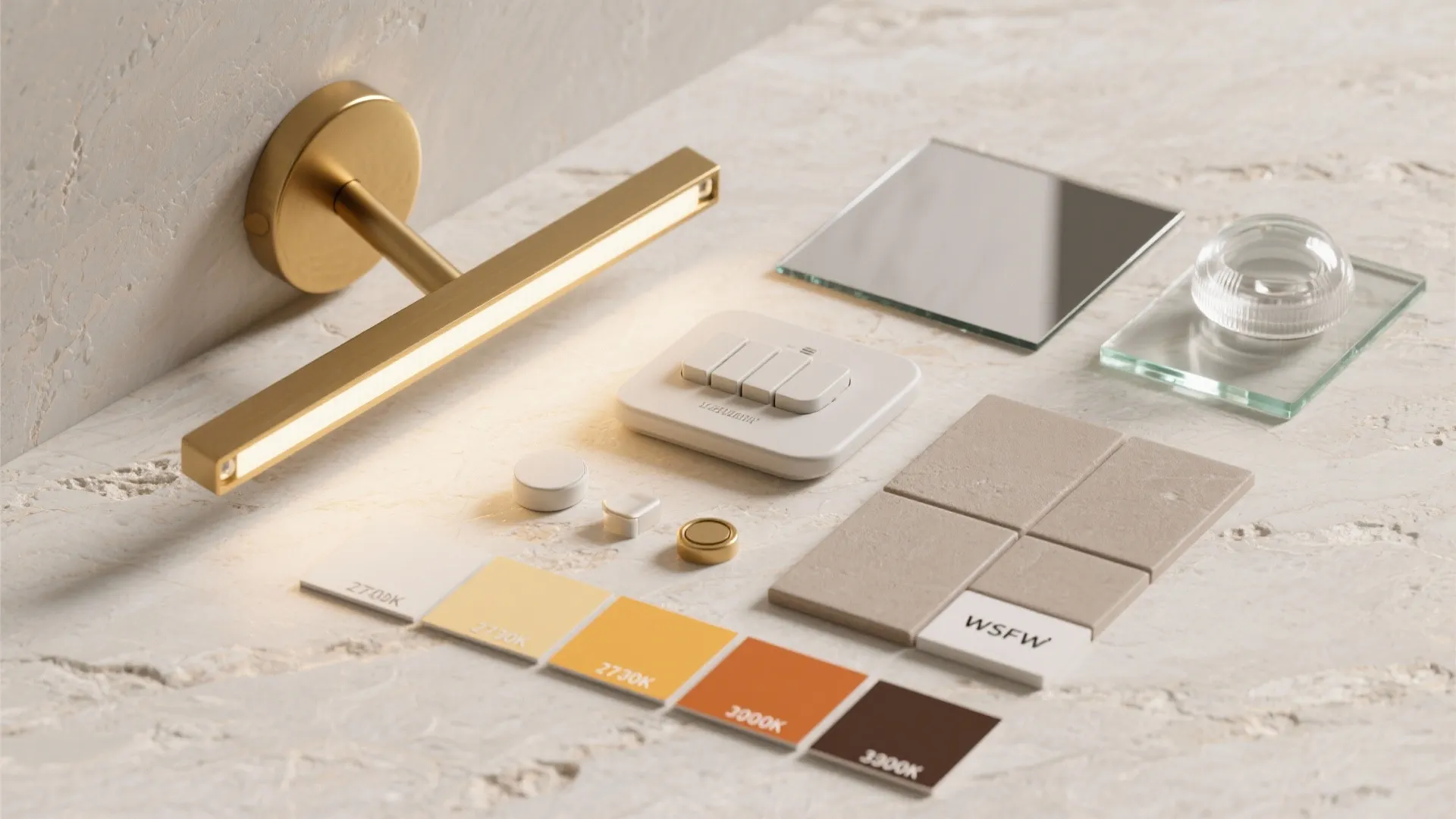 Interior design materials featuring gold wall light glass samples tiles and color swatches on stone