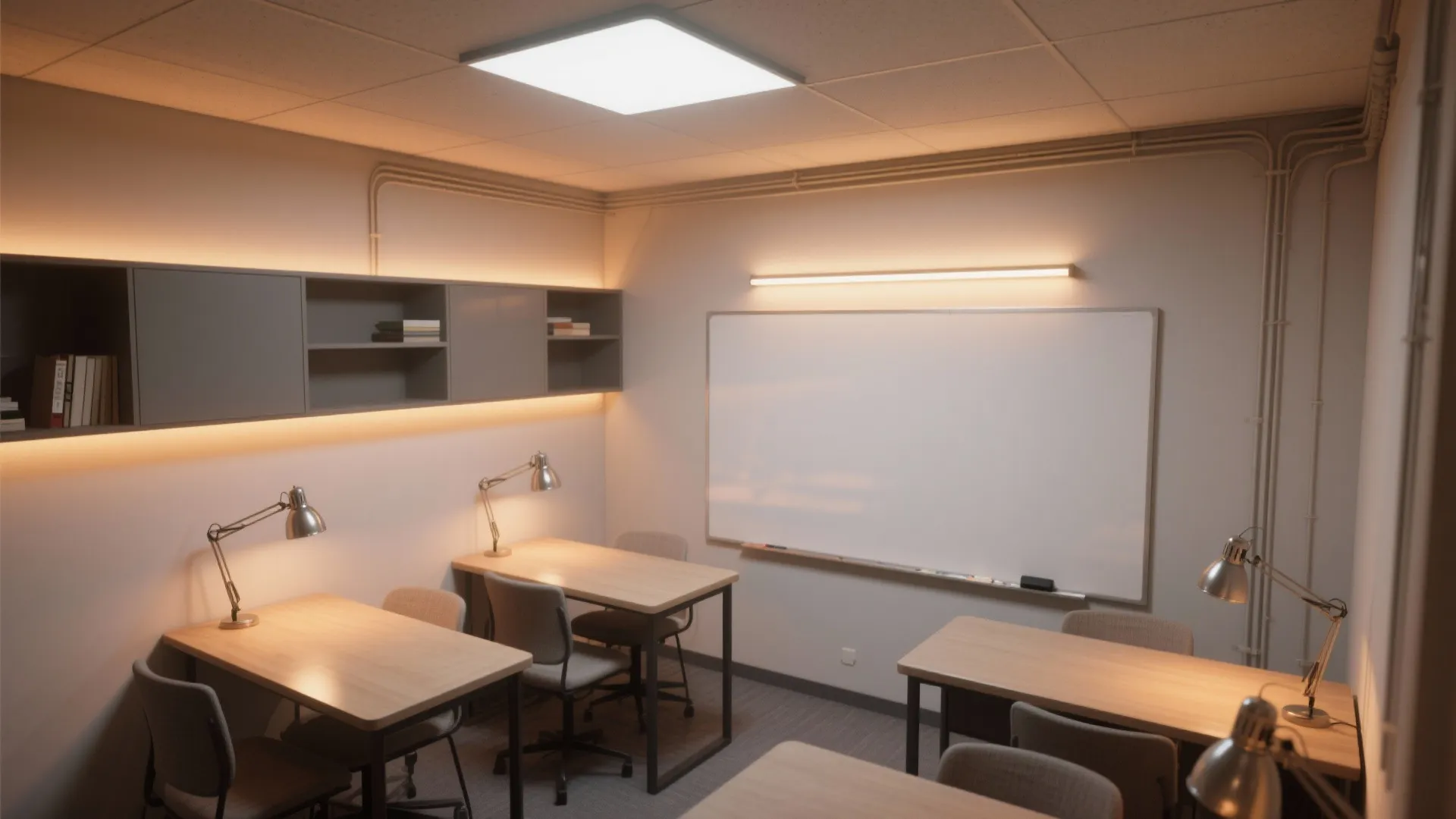 Top-down small study room with layered lighting: dimmable ambient, task lamps, and indirect wall wash.